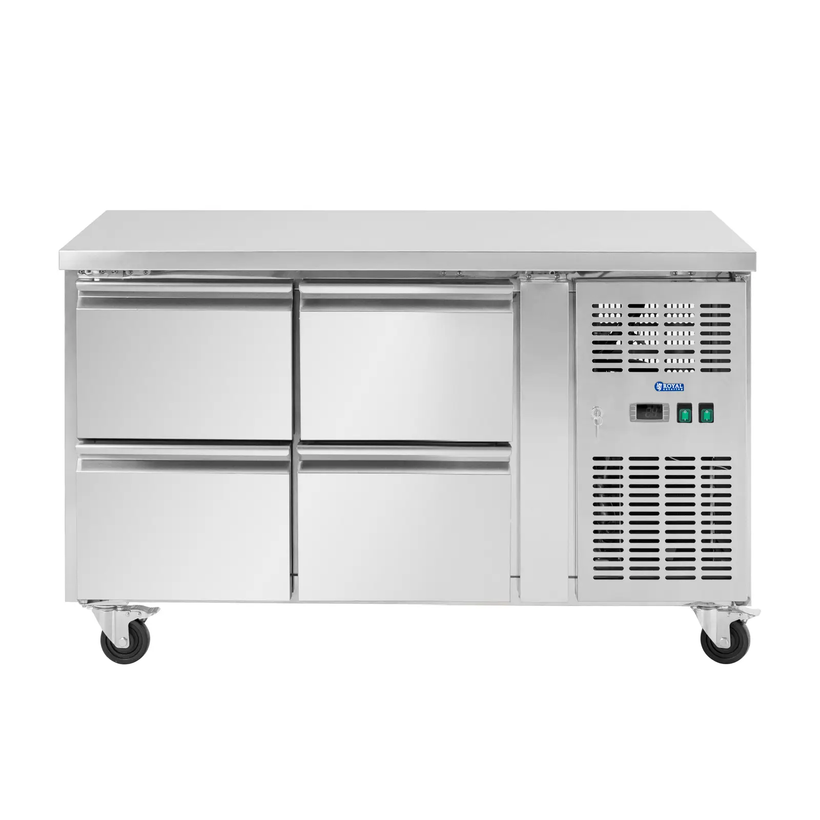 Chladicí stůl na kolečkách - 280 l - 4 zásuvky - 136 x 70 cm - třída B - ušlechtilá ocel - Royal Catering (Bezpečnostní zámek: Ano)