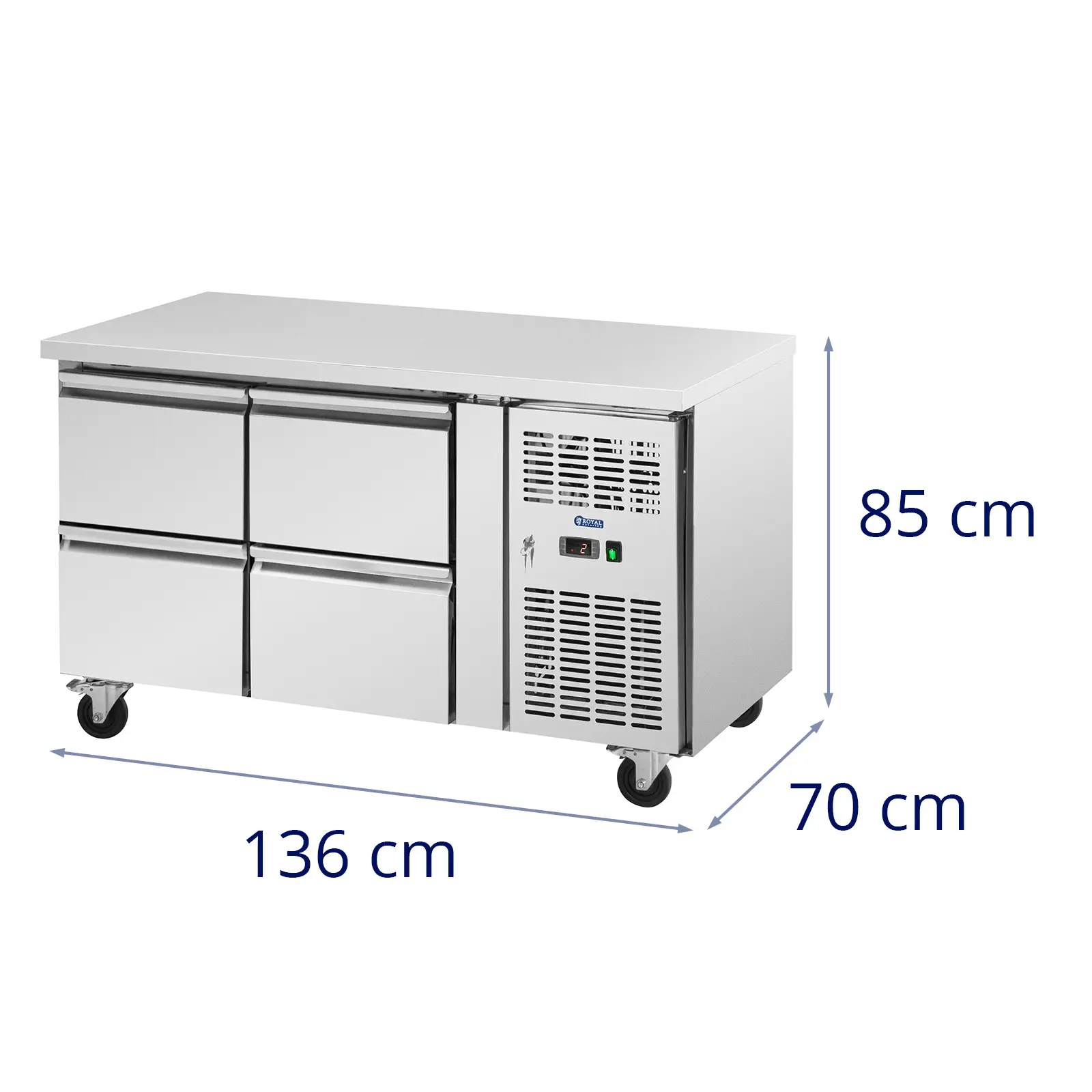 Mesa refrigerada com rodas - 280 l - 4 gavetas - 136 x 70 cm - classe B - aço inoxidável - Royal Catering