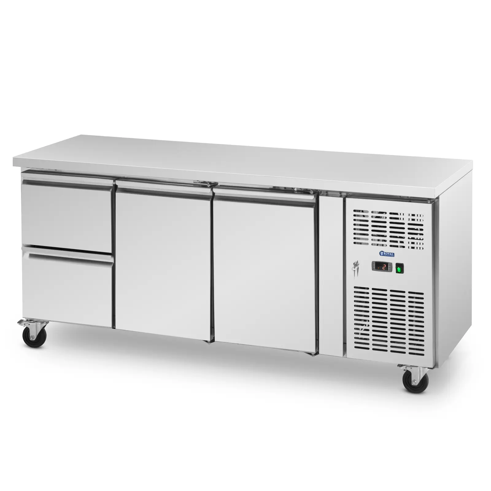 Hűtőpult kerekekkel - 410 l - 2 rekesz / 2 fiók - 179,5 x 70 cm - B energiaosztály - rozsdamentes acél - Royal Catering