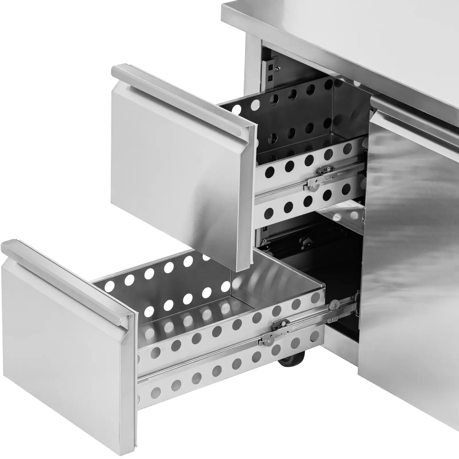 Chladicí stůl na kolečkách - 410 l - 2 přihrádky / 2 zásuvky - 179,5 x 70 cm - třída B - ušlechtilá ocel - Royal Catering (Frekvence [Hz]: 50)