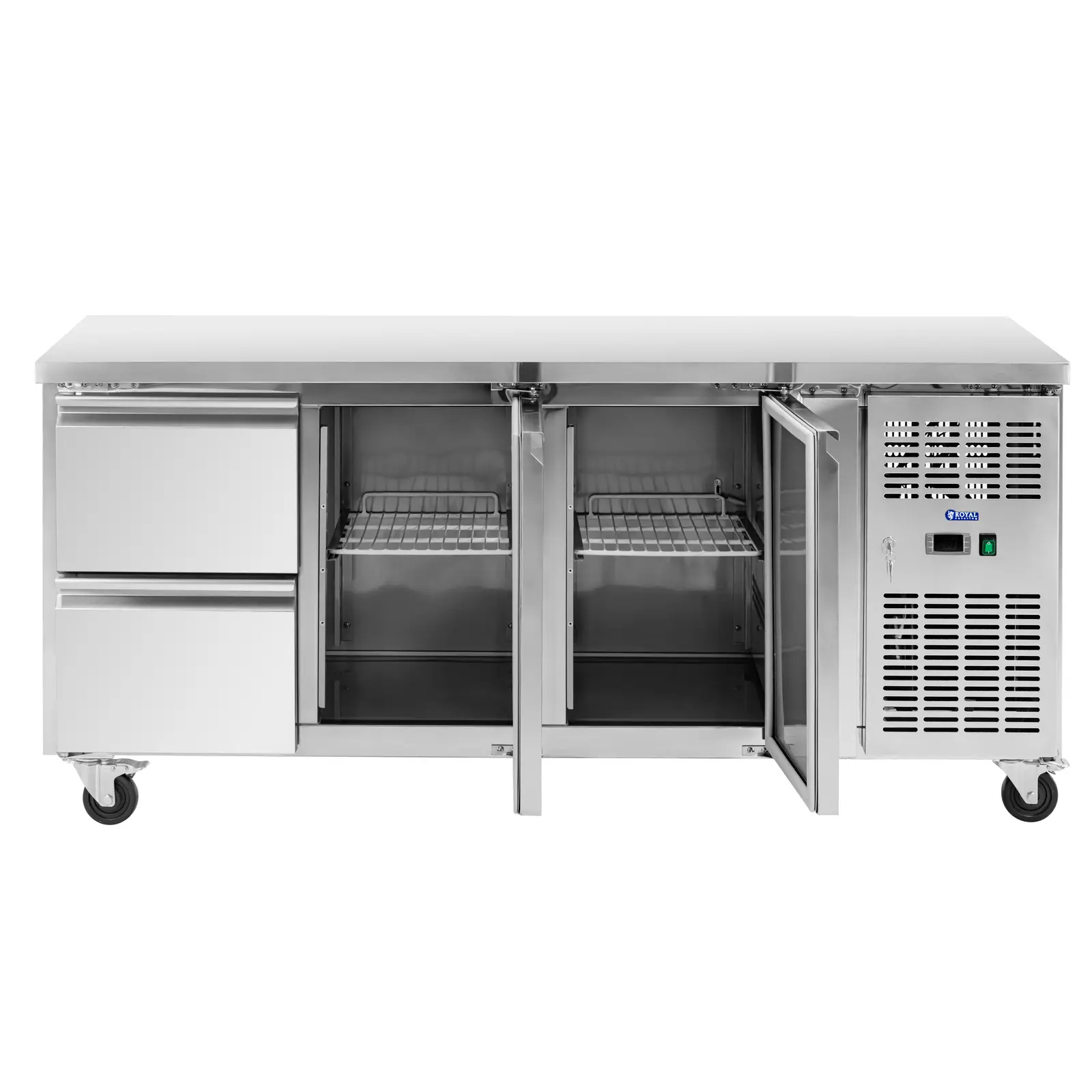 Chladicí stůl na kolečkách - 410 l - 2 přihrádky / 2 zásuvky - 179,5 x 70 cm - třída B - ušlechtilá ocel - Royal Catering (Bezpečnostní zámek: Ano)