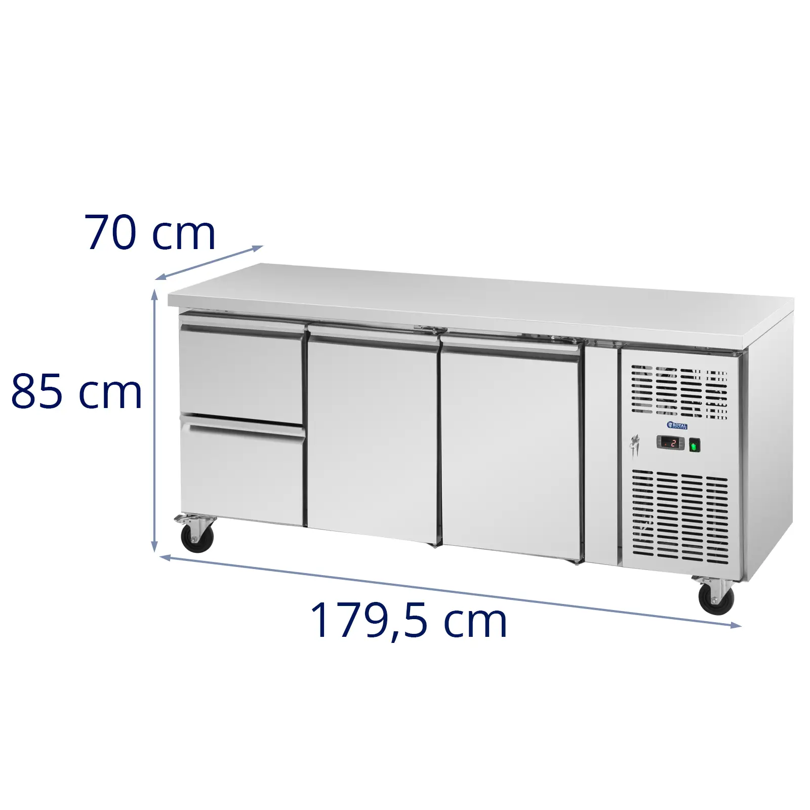 Chladicí stůl na kolečkách - 410 l - 2 přihrádky / 2 zásuvky - 179,5 x 70 cm - třída B - ušlechtilá ocel - Royal Catering (Automatické odmrazování: Ano)