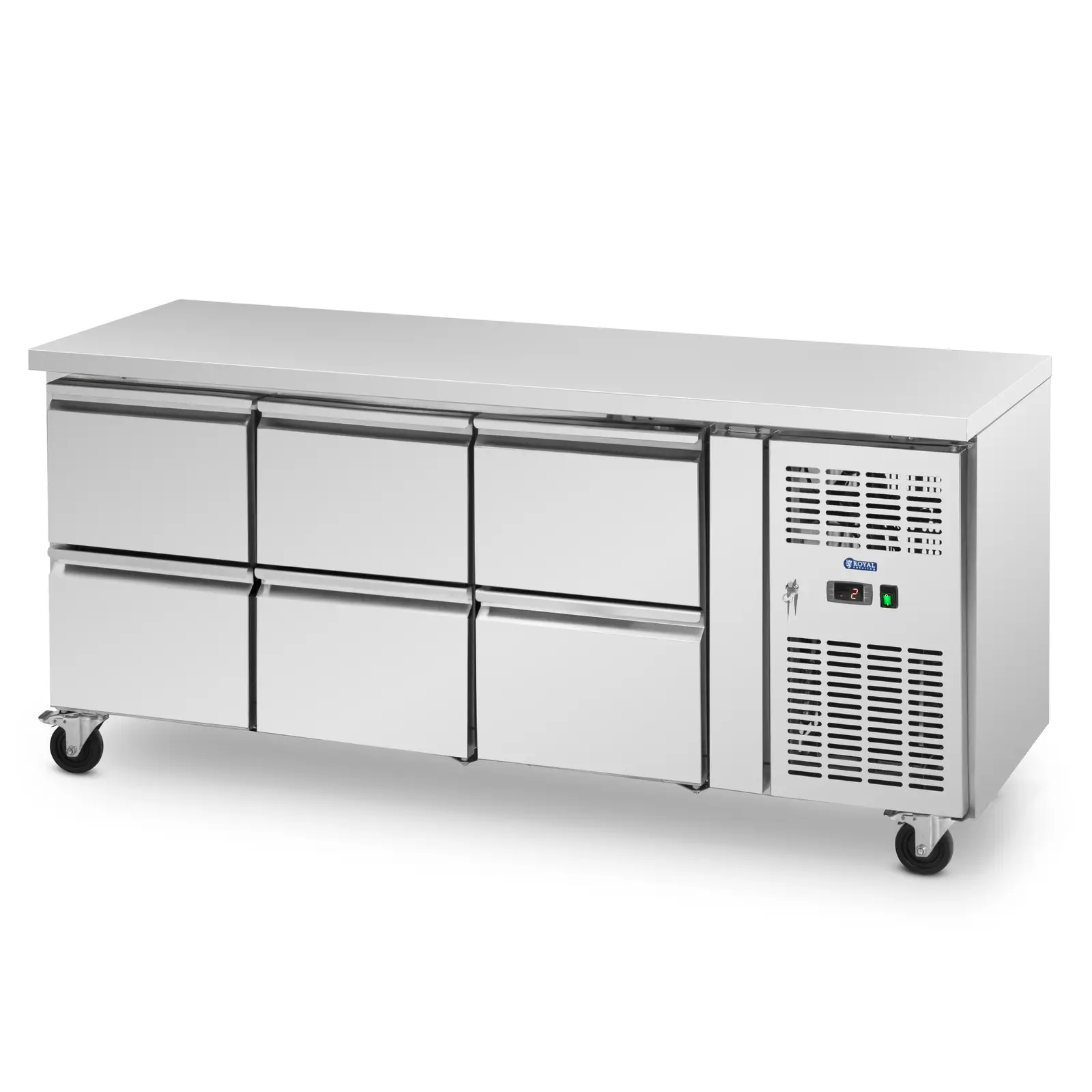 Mesa refrigerada com rodas - 410 l - 6 gavetas - 179,5 x 70 cm - classe B - aço inoxidável - Royal Catering