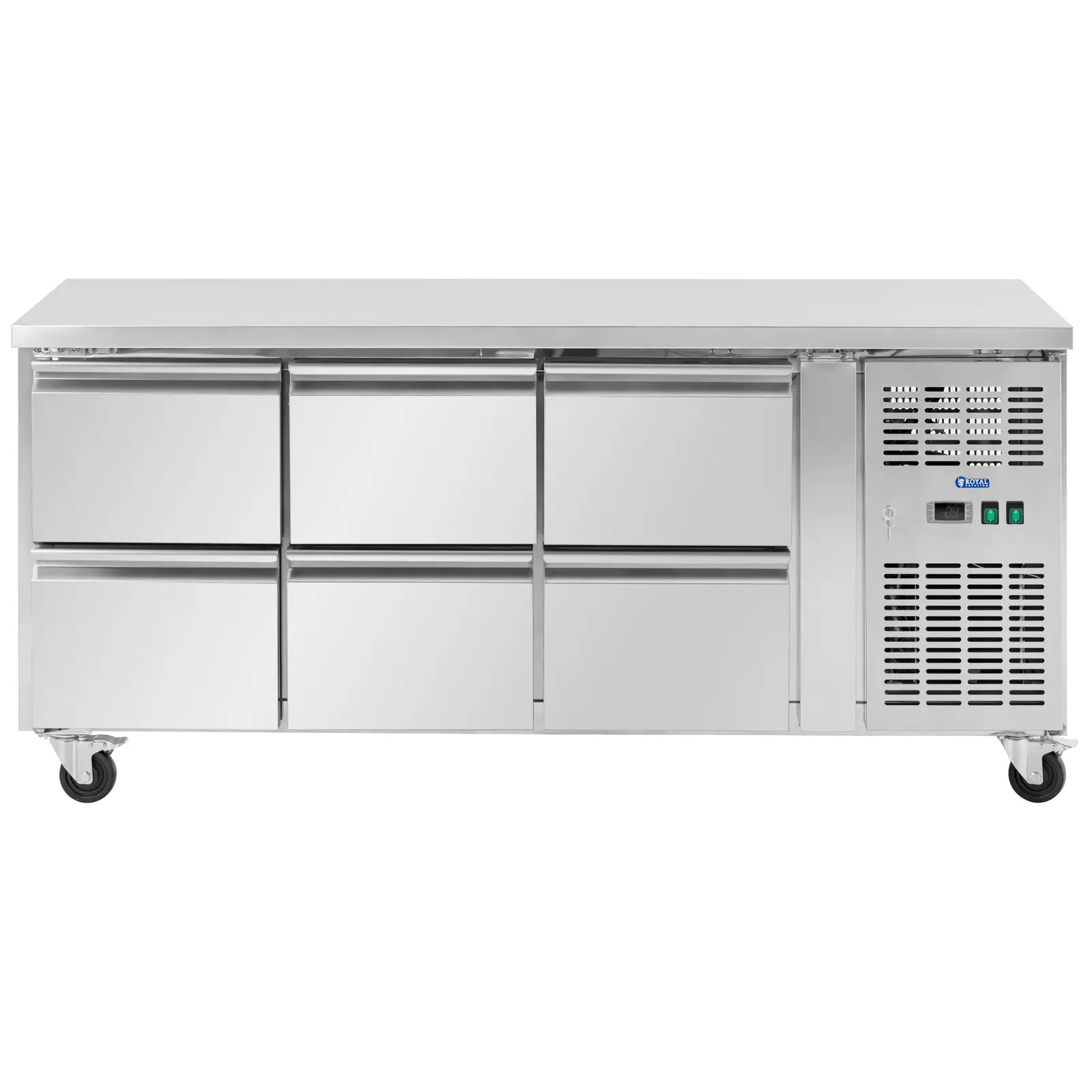 Chladicí stůl na kolečkách - 410 l - 6 zásuvek - 179,5 x 70 cm - třída B - ušlechtilá ocel - Royal Catering (Bezpečnostní zámek: Ano)