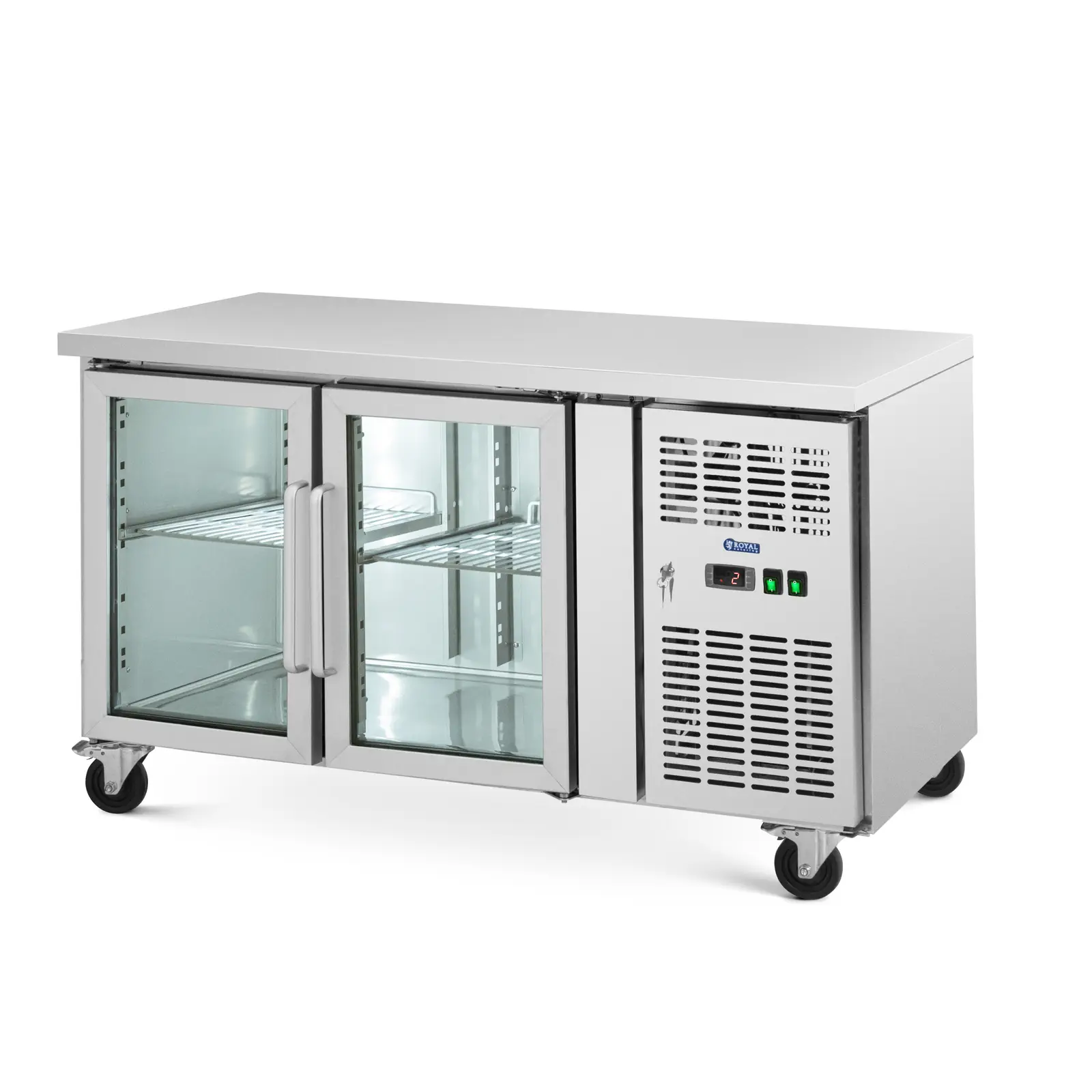 Frigider Saladette mobil - 280 l - 2 uși din sticlă - 136 x 70 cm - clasa B - oțel inoxidabil - Royal Catering