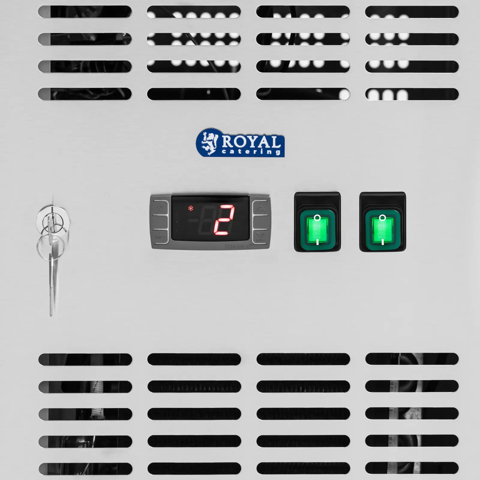 Hűtőpult kerekekkel - 280 l - 2 üvegajtó - 136 x 70 cm - B energiosztály - rozsdamentes acél - Royal Catering