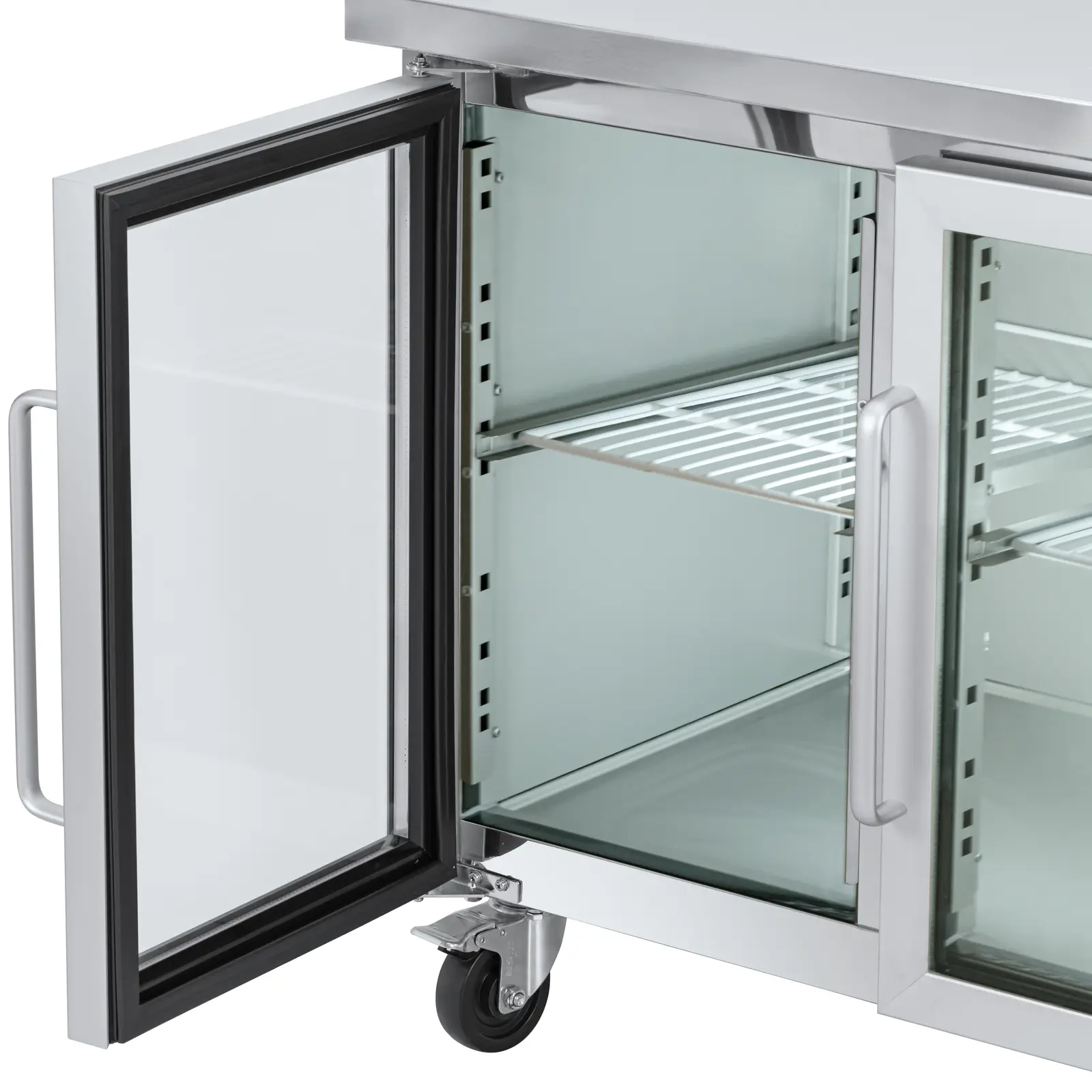 Chladicí stůl na kolečkách - 280 l - 2 skleněné dveře - 136 x 70 cm - třída B - ušlechtilá ocel - Royal Catering (Světlo LED: Ano)