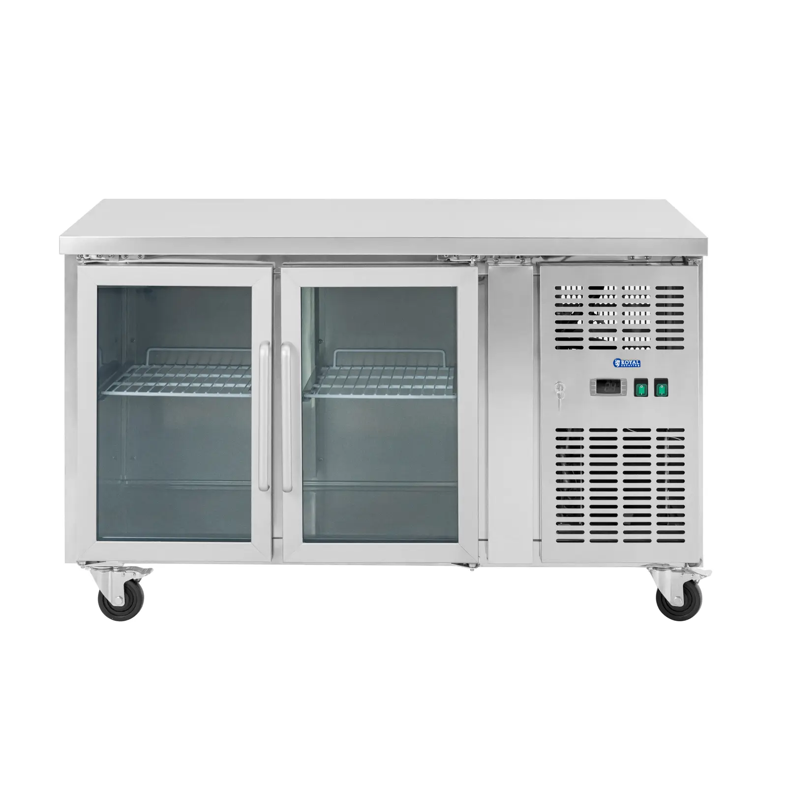 Banco refrigerato su ruote - 280 l - 2 porte di vetro - 136 x 70 cm - Classe B - Acciaio inox - Royal Catering