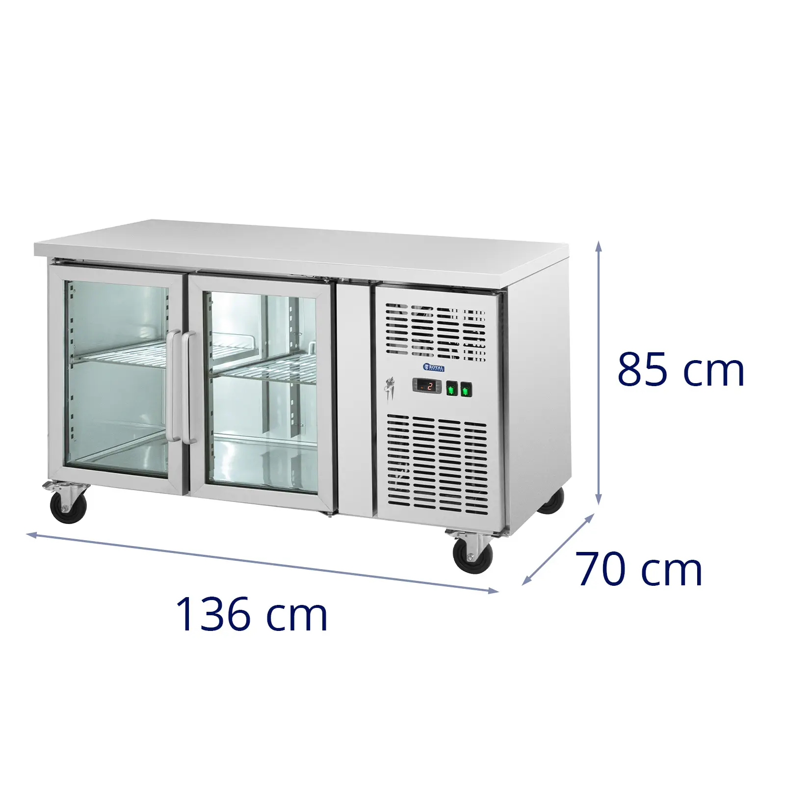 Banco refrigerato su ruote - 280 l - 2 porte di vetro - 136 x 70 cm - Classe B - Acciaio inox - Royal Catering