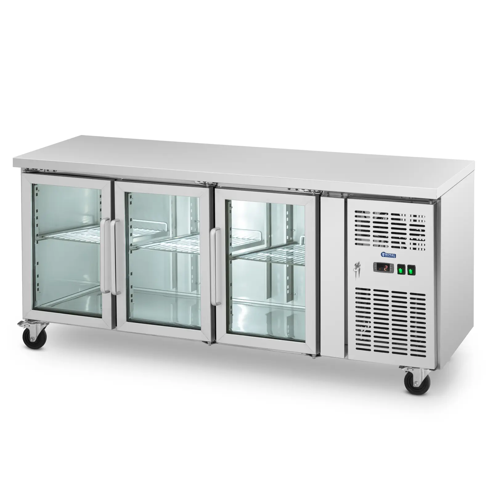 Table réfrigérée sur roulettes - 410 l - 3 portes en verre - 179,5 x 73 cm - Classe B - Inox - Royal Catering