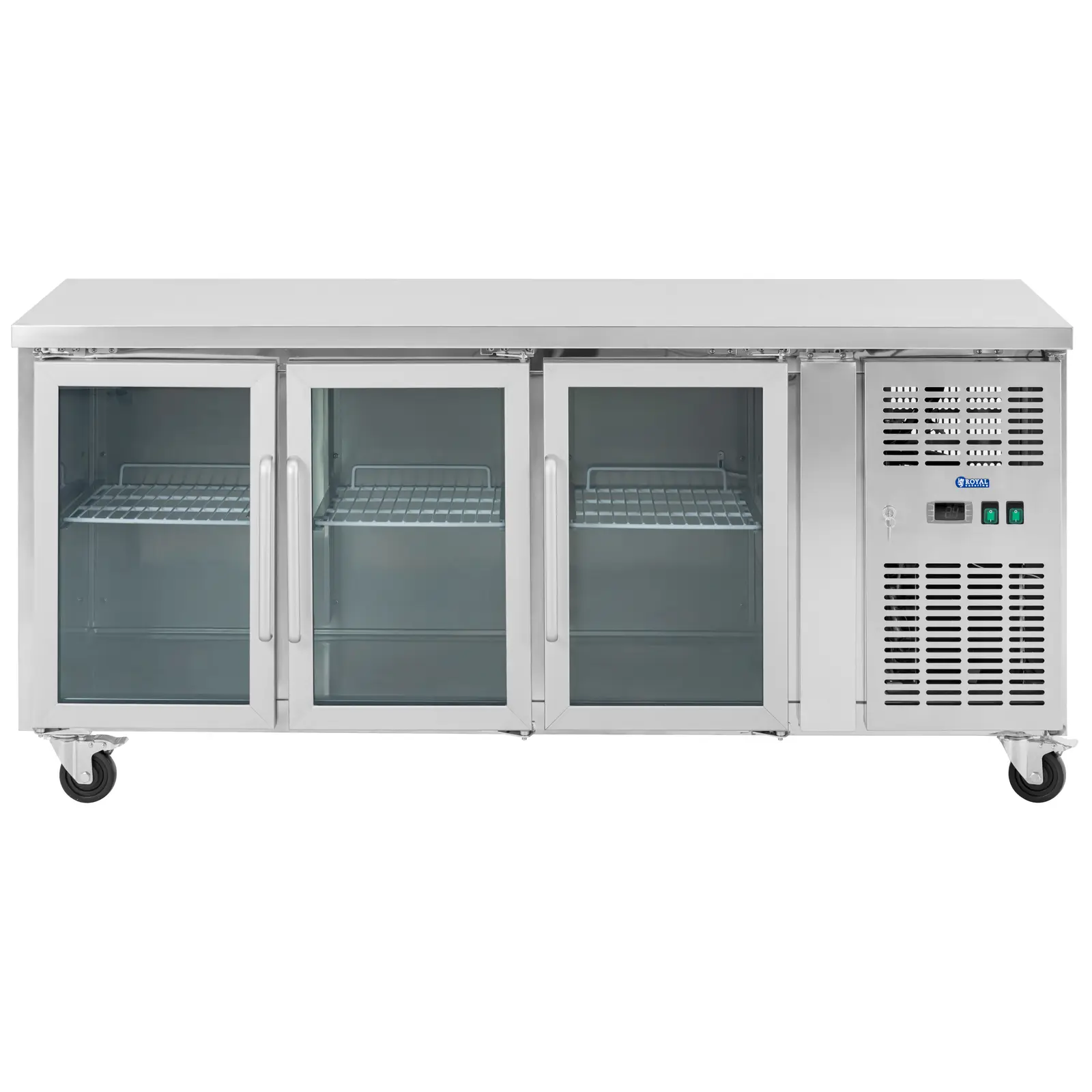 Chladicí stůl na kolečkách - 410 l - 3 skleněné dveře - 179,5 x 73 cm - třída B - ušlechtilá ocel - Royal Catering (Termostat: Ano)