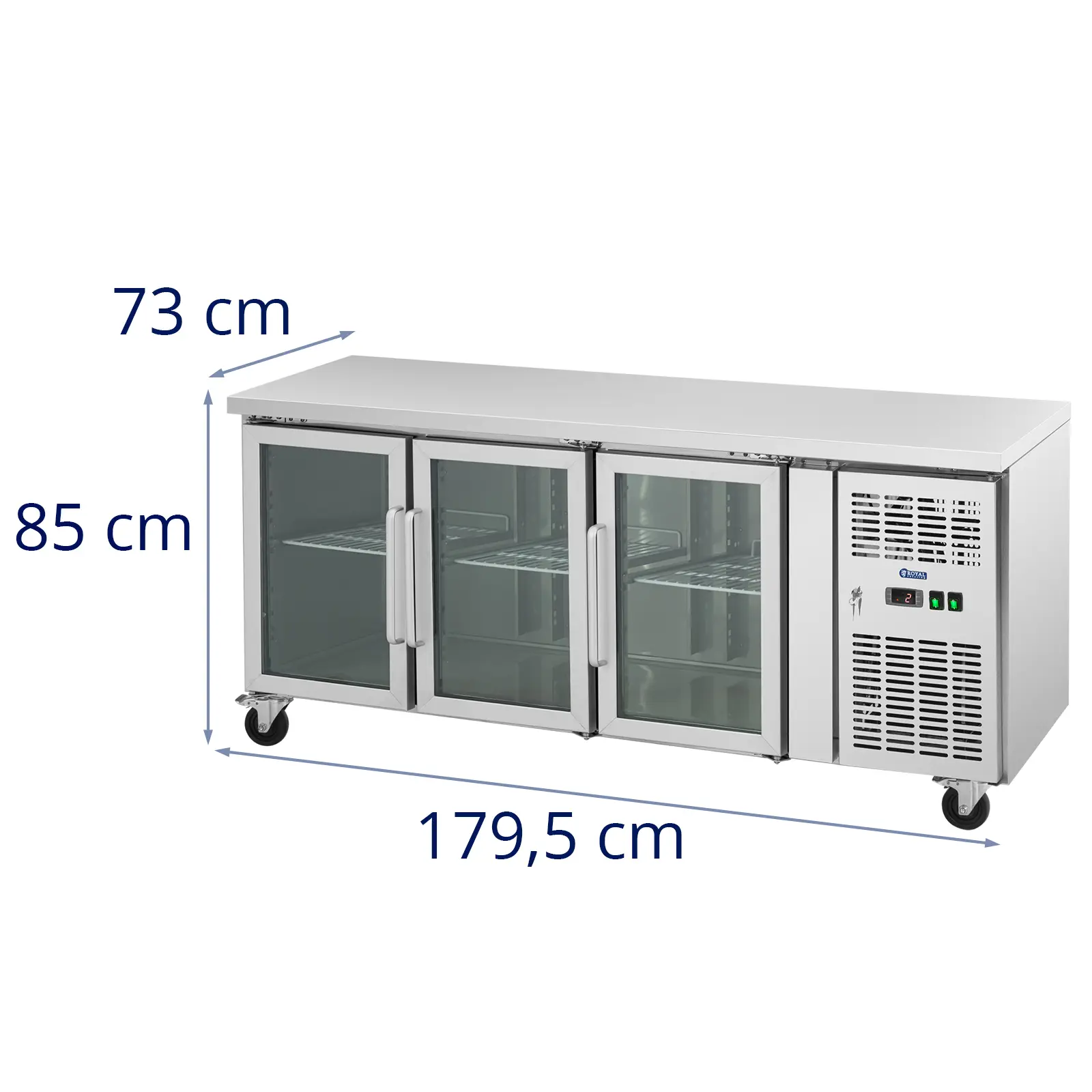 Chladicí stůl na kolečkách - 410 l - 3 skleněné dveře - 179,5 x 73 cm - třída B - ušlechtilá ocel - Royal Catering (Bezpečnostní zámek: Ano)