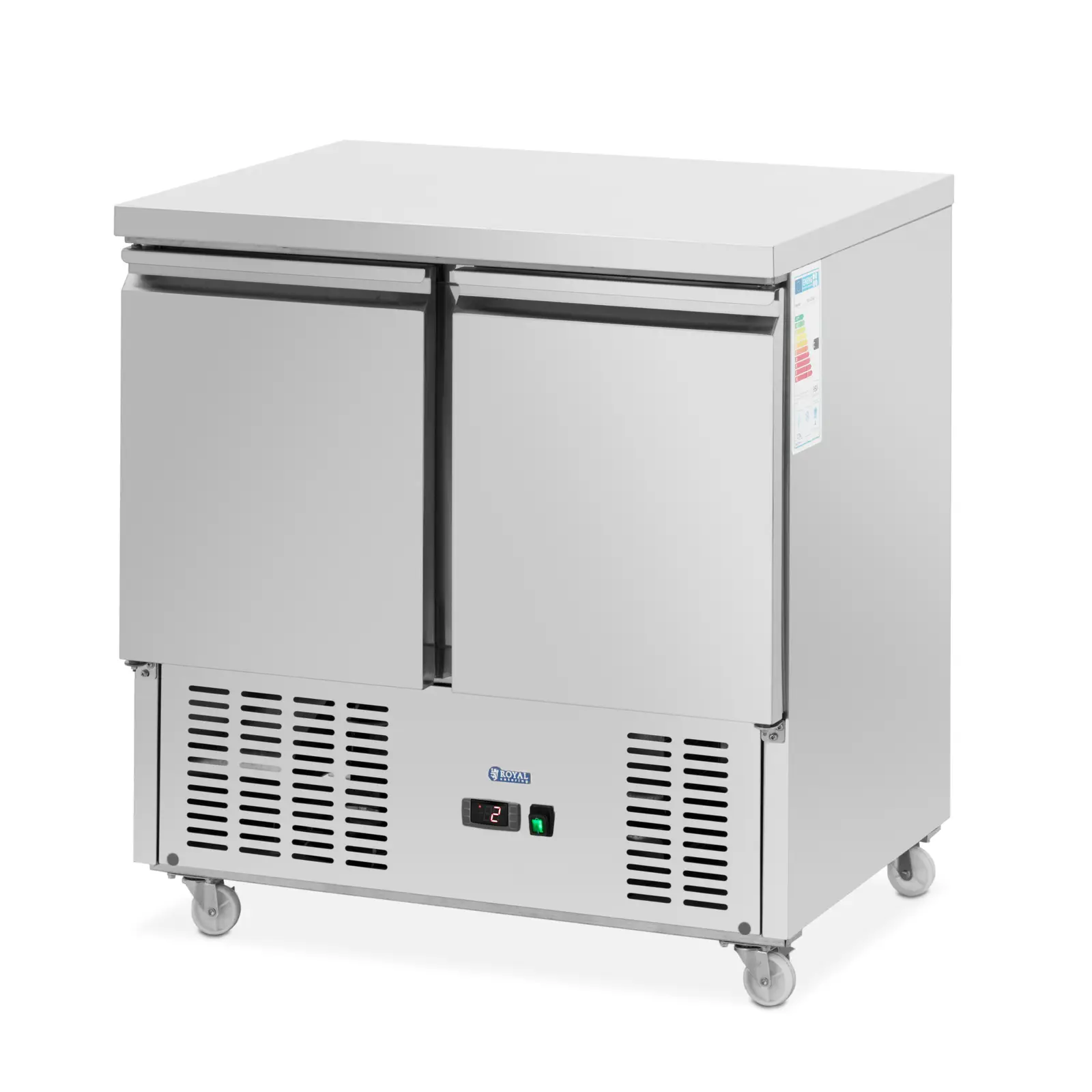 Banco refrigerato su ruote - 240 l - 2 scomparti - 90 x 70 cm - Classe C - Acciaio inox - Royal Catering