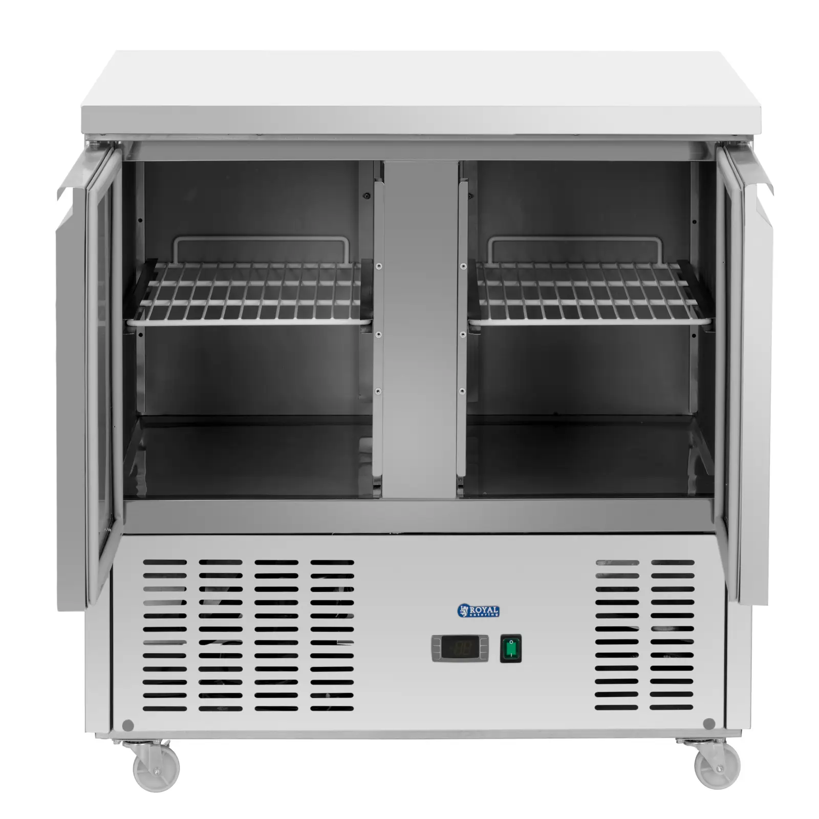 Mesa refrigerada sobre rodas - 240 l - 2 compartimentos - 90 x 70 cm - classe C - aço inoxidável - Royal Catering