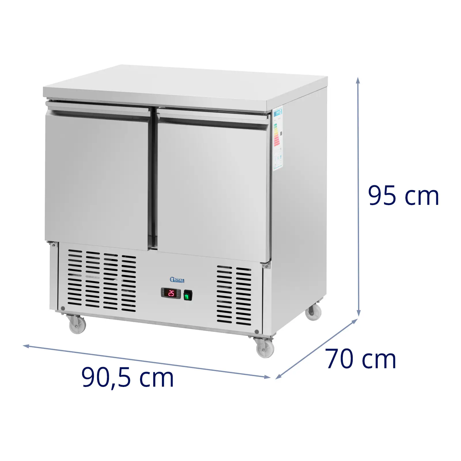 Table réfrigérée sur roulettes - 240 l - 2 compartiments - 90 x 70 cm - Classe C - Inox - Royal Catering (Nombre d'inserts: 2 Pc)