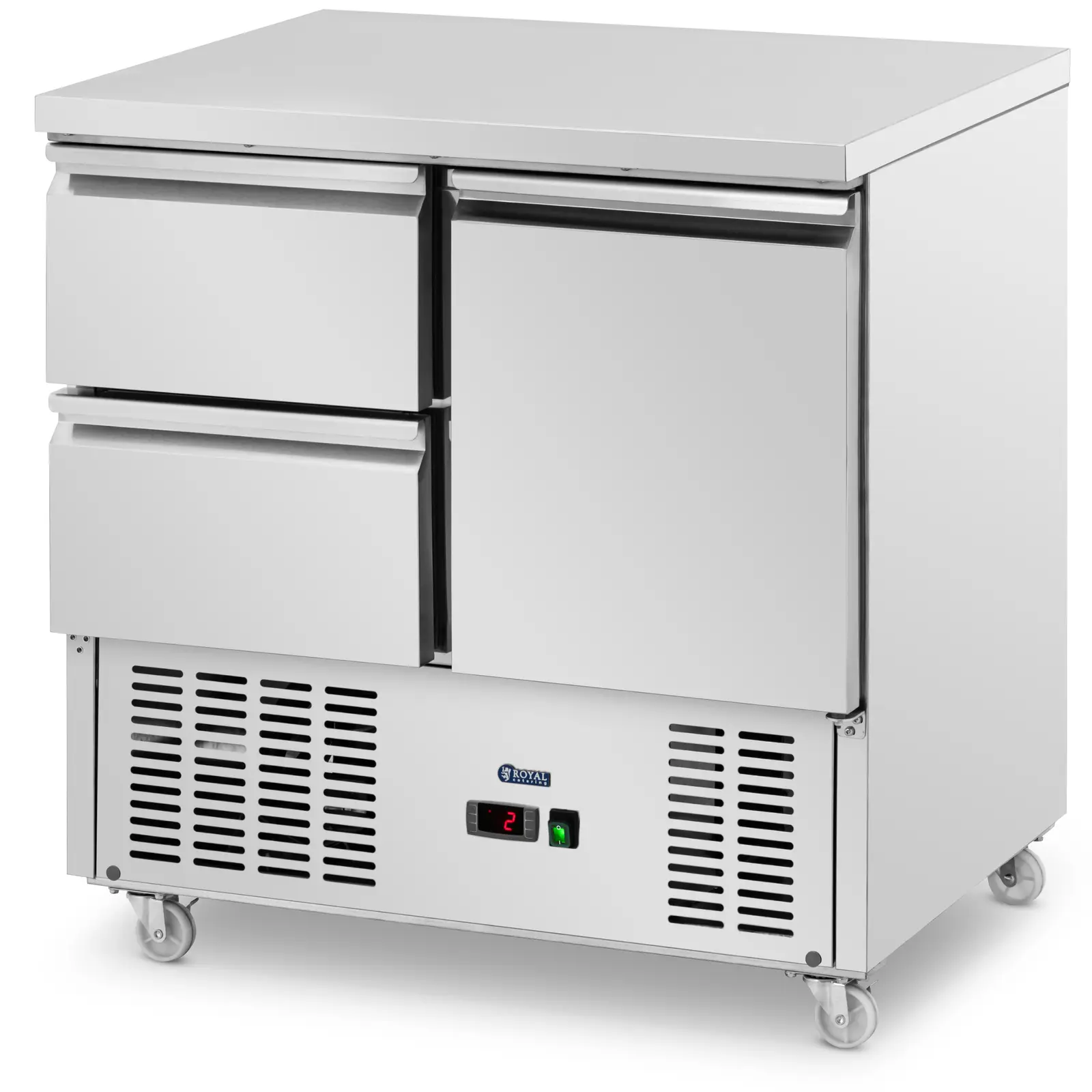 Hűtőpult kerekekkel - 240 l - 2 fiók / 1 polc - 90 x 70 cm - C energiaosztály - Rozsdamentes acél - Royal Catering