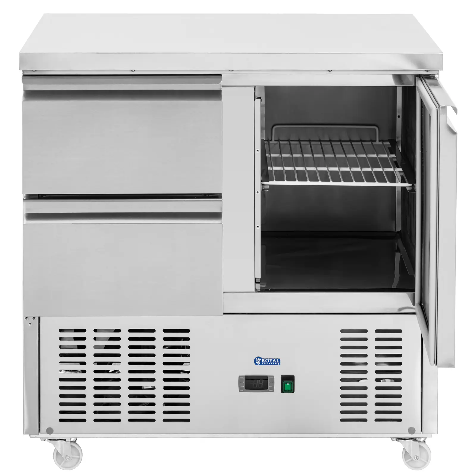 Mesa refrigerada sobre rodas - 240 l - 2 gavetas / 1 compartimento - 90 x 70 cm - classe C - aço inoxidável - Royal Catering