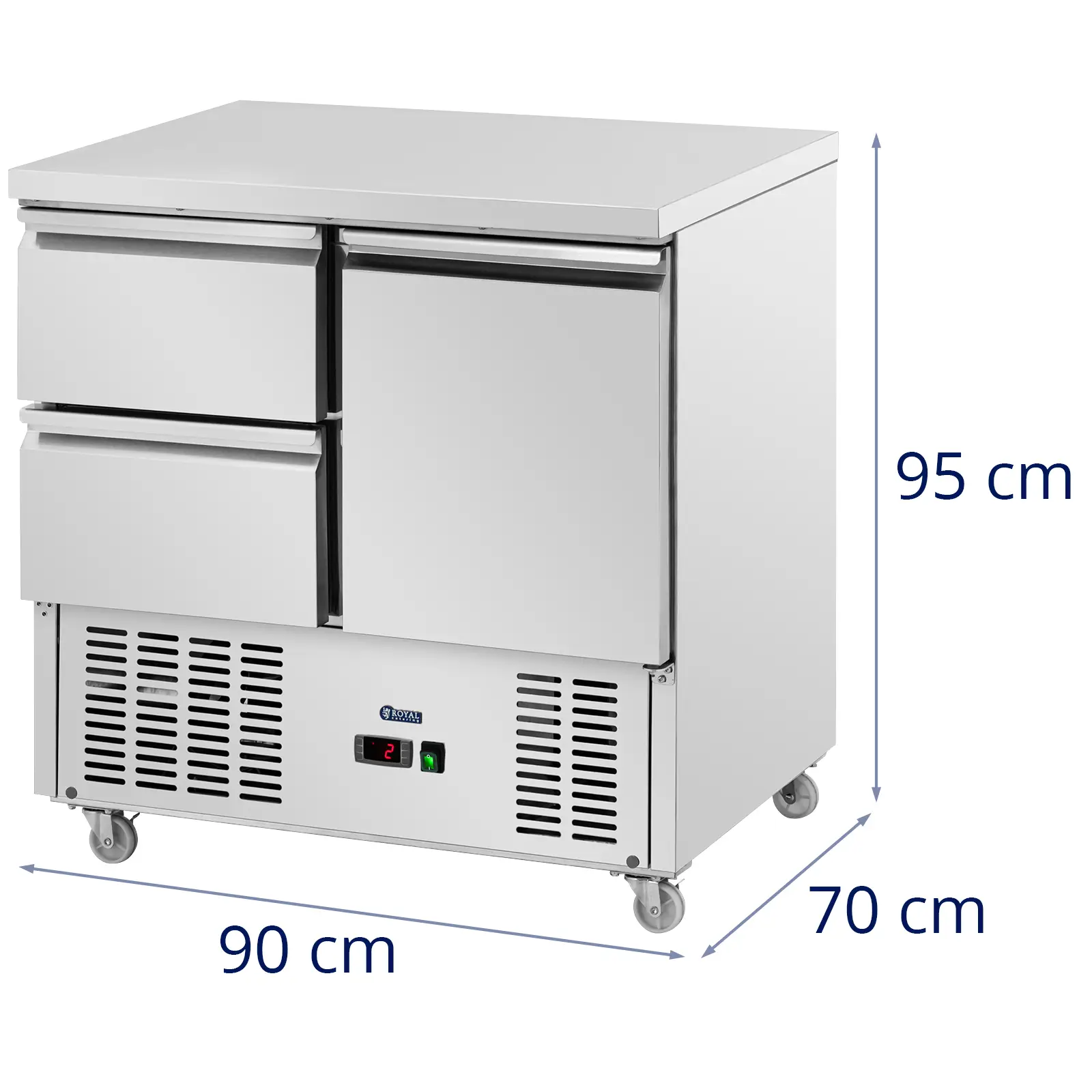 Frigider Saladette mobil - 240 l - 2 sertare / 1 raft - 90 x 70 cm - clasa C - oțel inoxidabil - Royal Catering