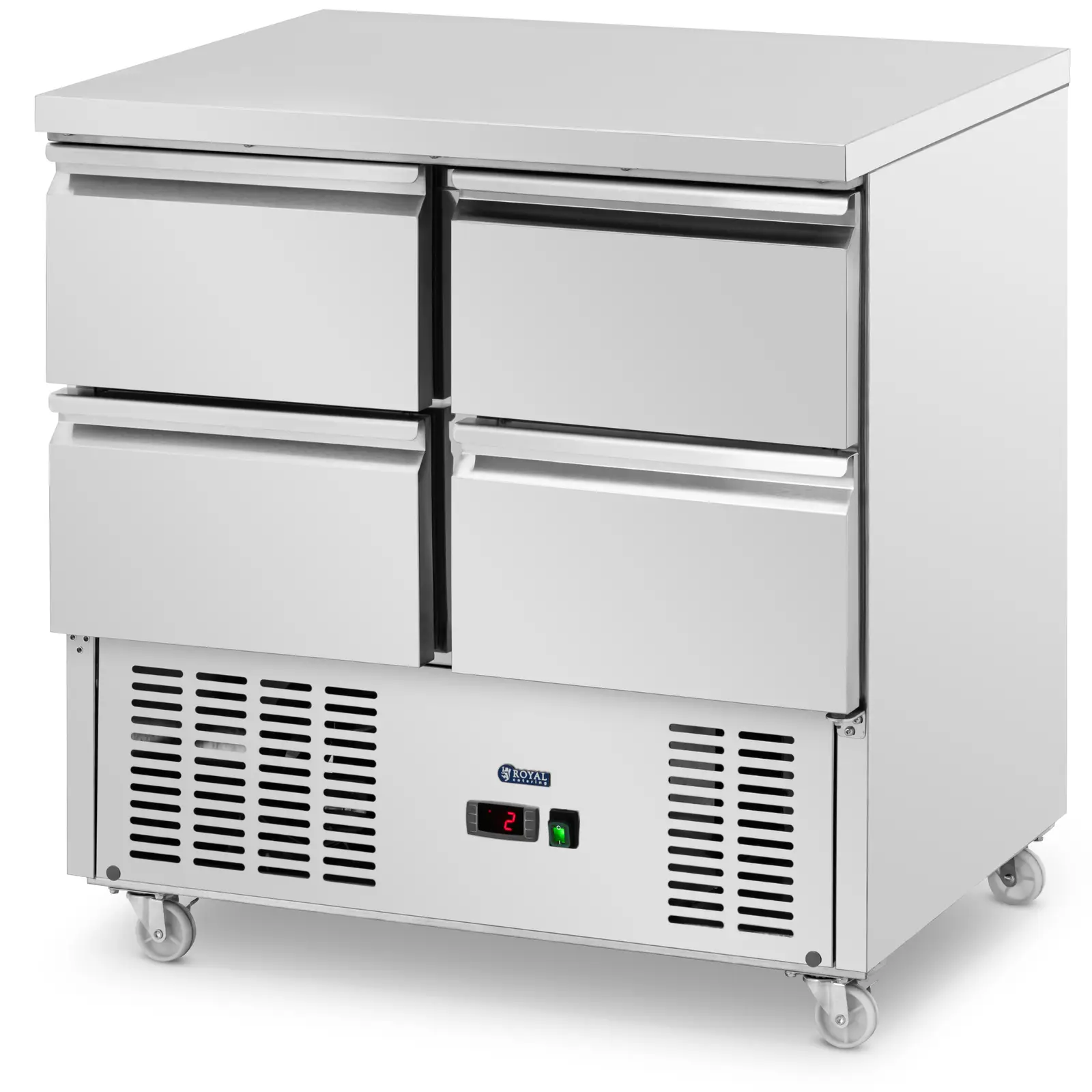 Banco refrigerato su ruote - 240 l - 4 cassetti - 90 x 70 cm - Classe C - Acciaio inox - Royal Catering