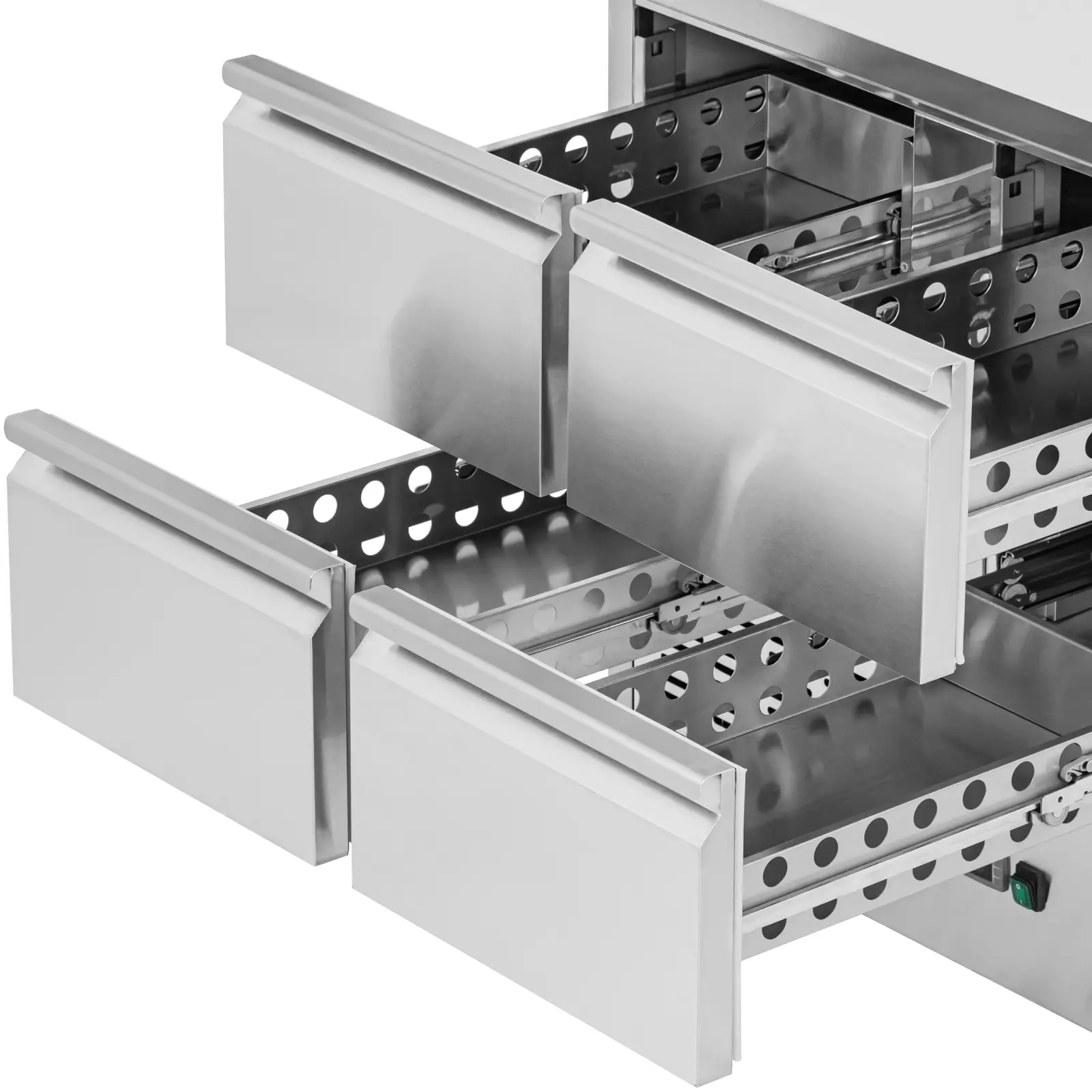 Hűtőasztal kerekekkel - 240 l - 4 fiók - 90 x 70 cm - C energiaosztály - rozsdamentes acél - Royal Catering