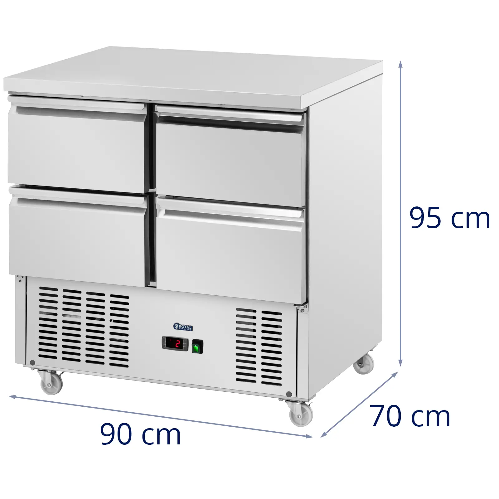 Hűtőasztal kerekekkel - 240 l - 4 fiók - 90 x 70 cm - C energiaosztály - rozsdamentes acél - Royal Catering