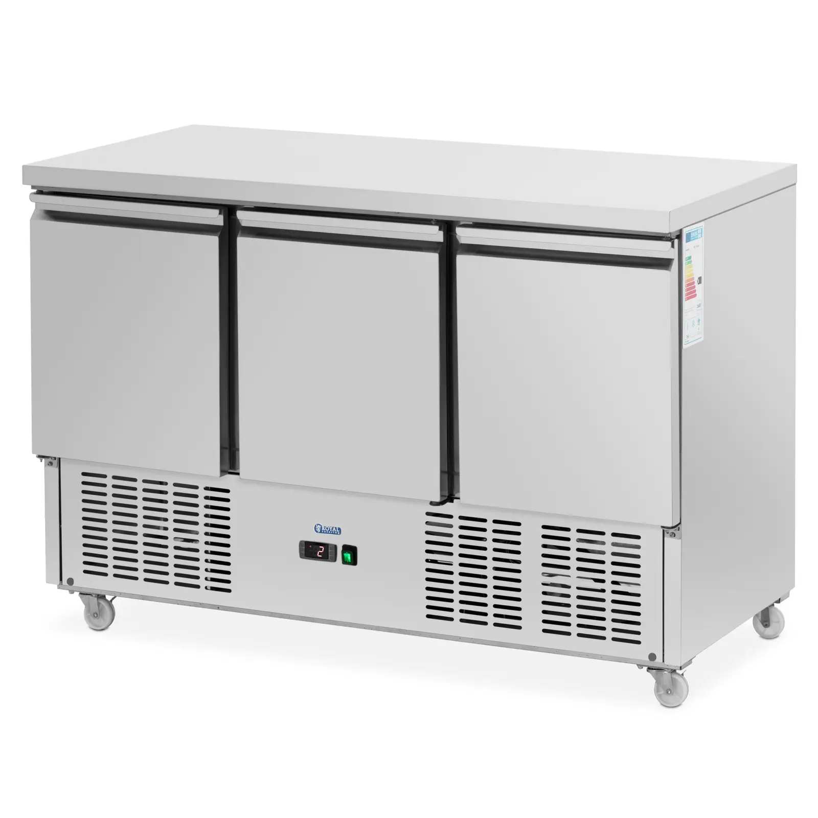 Banco refrigerato su ruote - 360 l - 3 scomparti - 137 x 70 cm - Classe C - Acciaio inox - Royal Catering