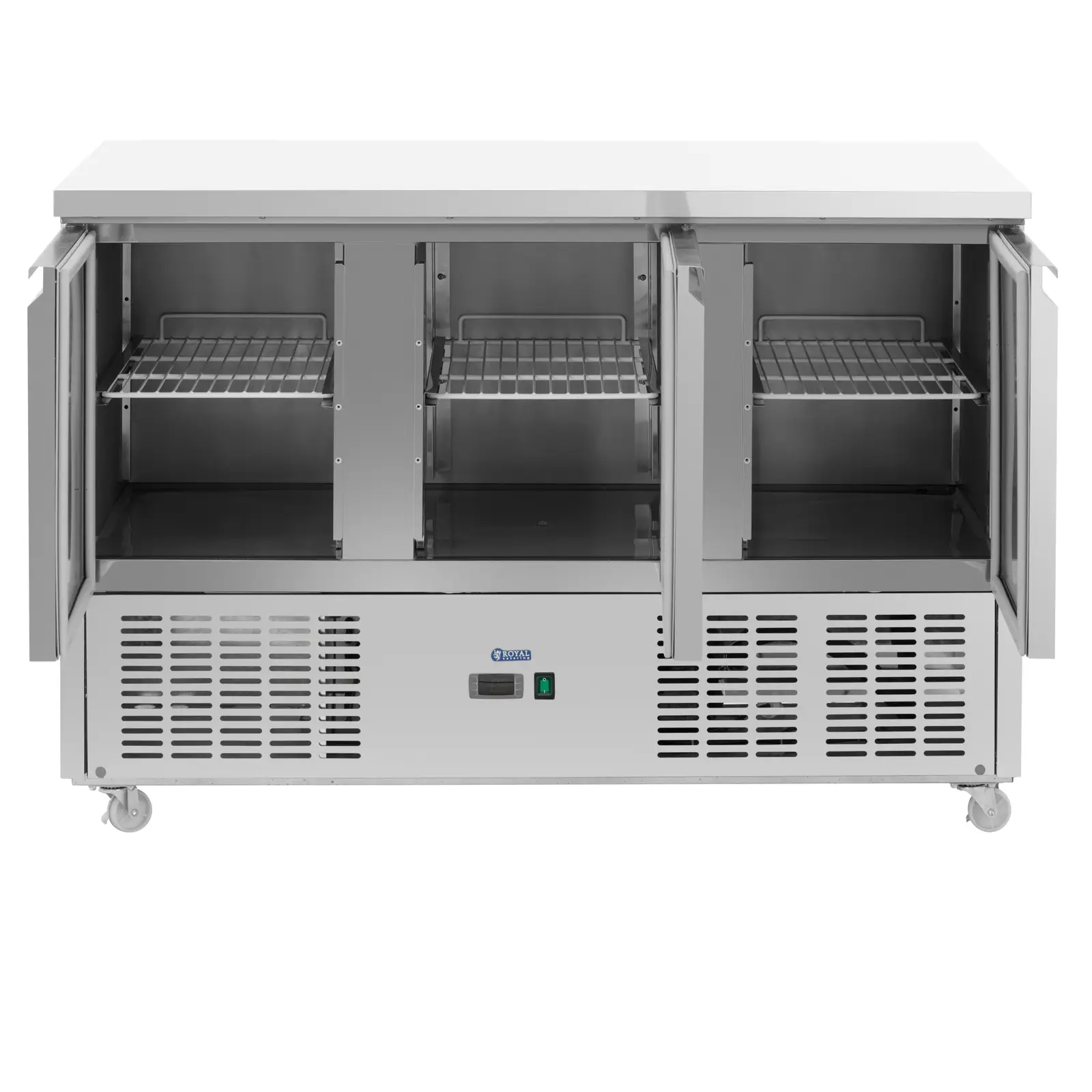 Chladicí stůl na kolečkách - 360 l - 3 přihrádky - 137 x 70 cm - třída C - ušlechtilá ocel - Royal Catering (Automatické odmrazování: Ano)