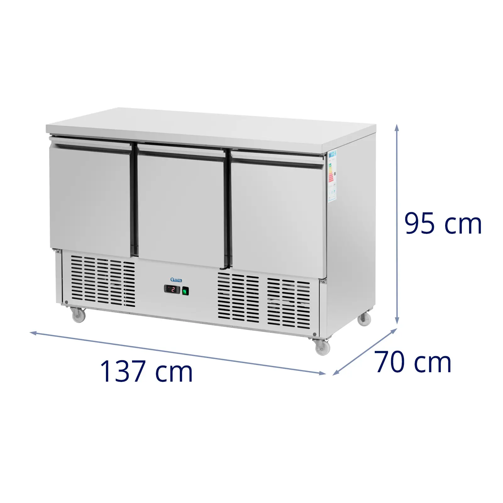 Banco refrigerato su ruote - 360 l - 3 scomparti - 137 x 70 cm - Classe C - Acciaio inox - Royal Catering