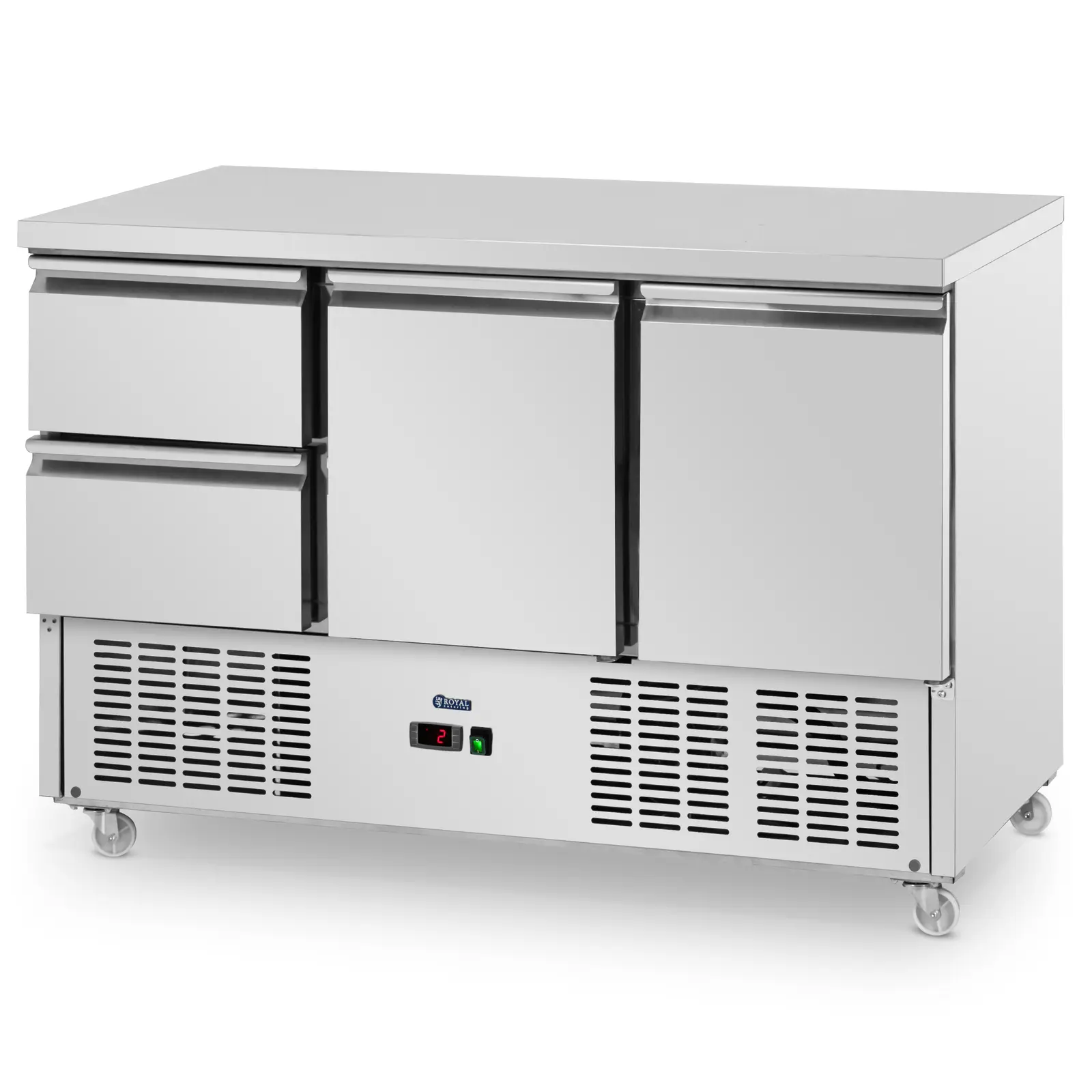 Mesa refrigerada com rodas - 350 l - 2 gavetas / 2 compartimentos - 136,5 x 70 cm - aço inoxidável - Royal Catering