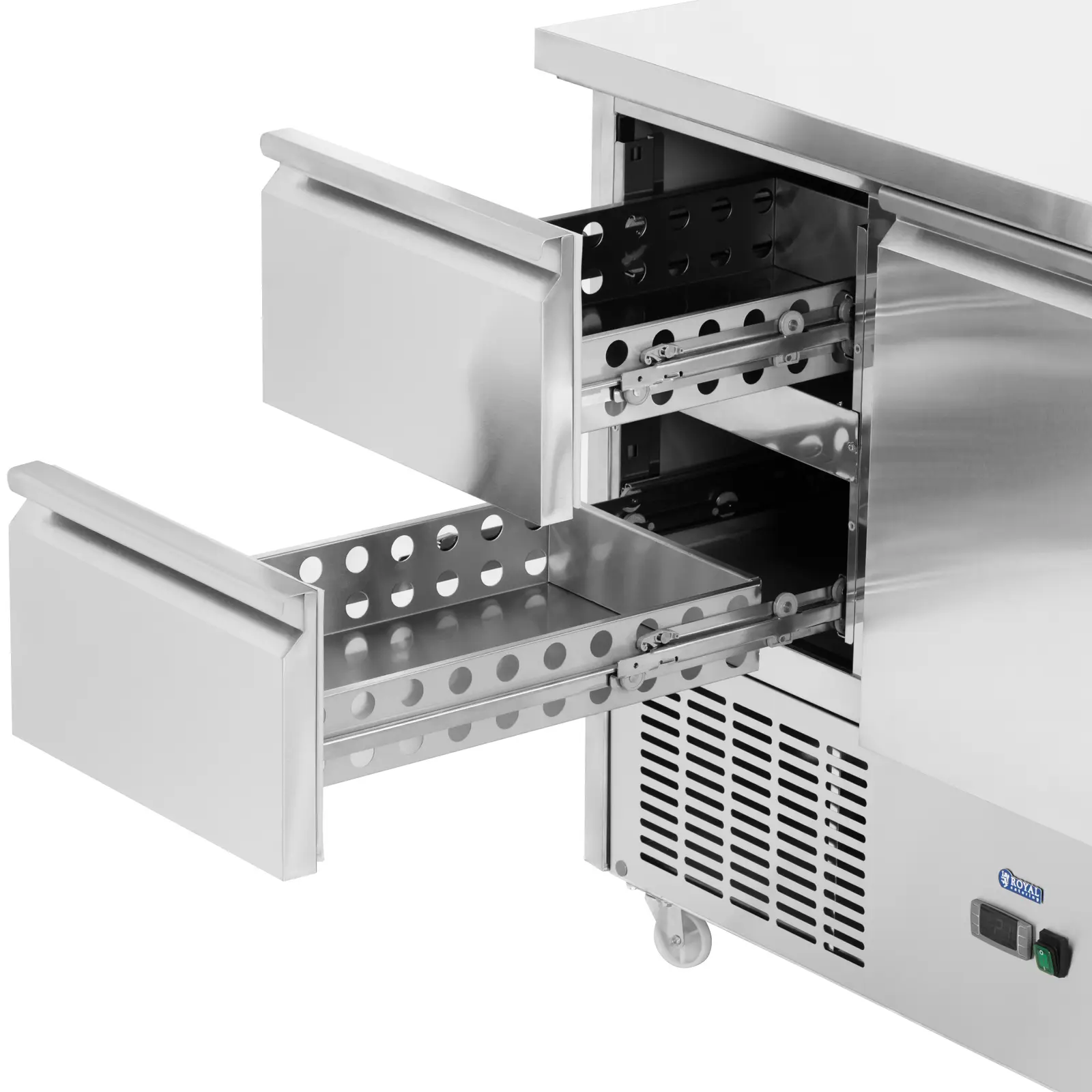 Chladicí stůl na kolečkách - 350 l - 2 zásuvky / 2 přihrádky - 136,5 x 70 cm - ušlechtilá ocel - Royal Catering (Frekvence [Hz]: 50)