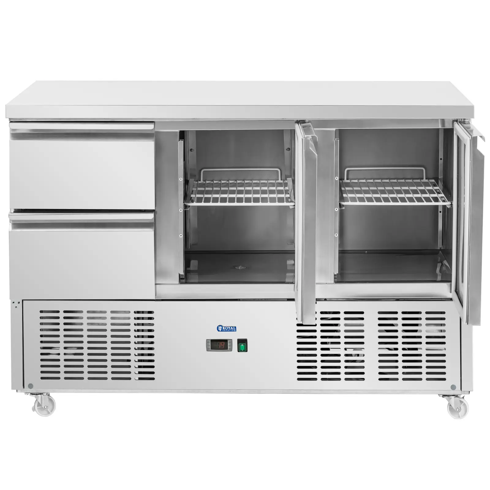 Hűtőpult kerekekkel - 350 l - 2 fiók / 2 rekesz - 136,5 x 70 cm - D energiaosztály - rozsdamentes acél - Royal Catering