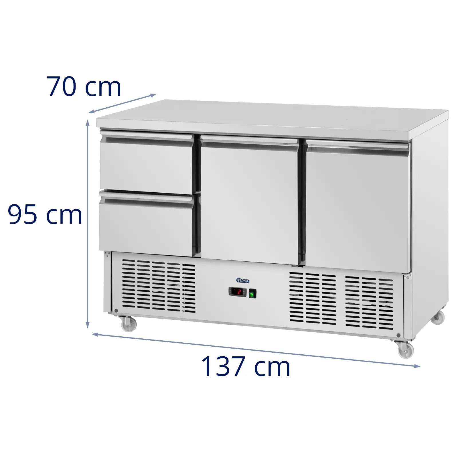 Hűtőpult kerekekkel - 350 l - 2 fiók / 2 rekesz - 136,5 x 70 cm - D energiaosztály - rozsdamentes acél - Royal Catering