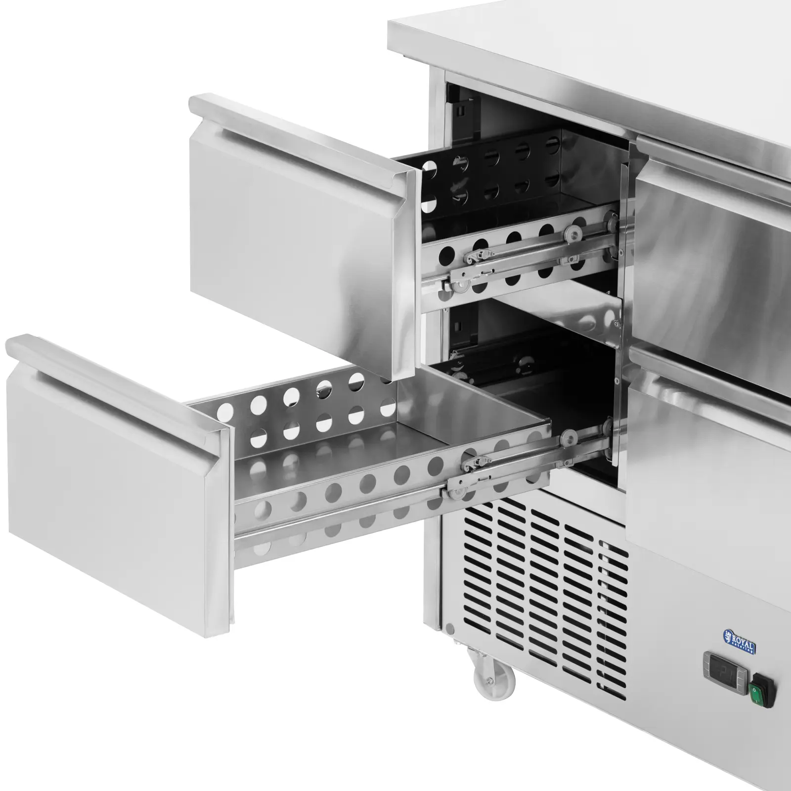 Chladicí stůl na kolečkách - 350 l - 6 zásuvek - 136,5 x 70 cm - ušlechtilá ocel - Royal Catering (Frekvence [Hz]: 50)