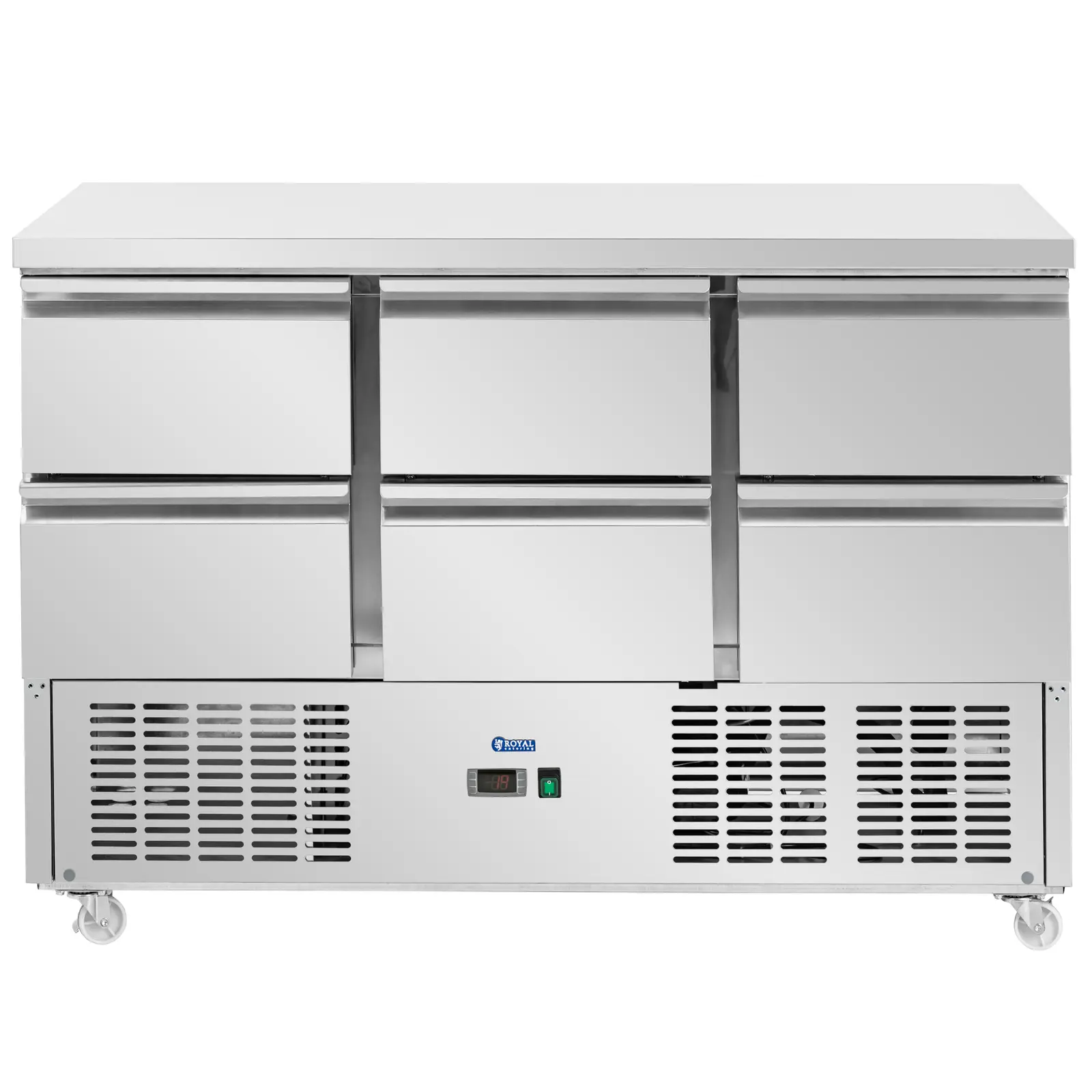 Mesa refrigerada com rodas - 350 l - 6 gavetas - 136,5 x 70 cm - aço inoxidável - Royal Catering