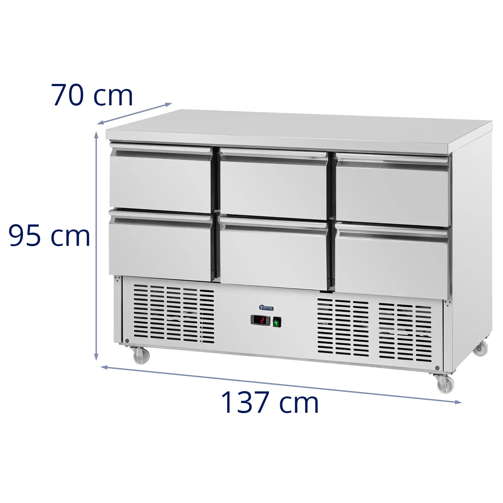 Chladicí stůl na kolečkách - 350 l - 6 zásuvek - 136,5 x 70 cm - ušlechtilá ocel - Royal Catering (Bezpečnostní zámek: Ne)