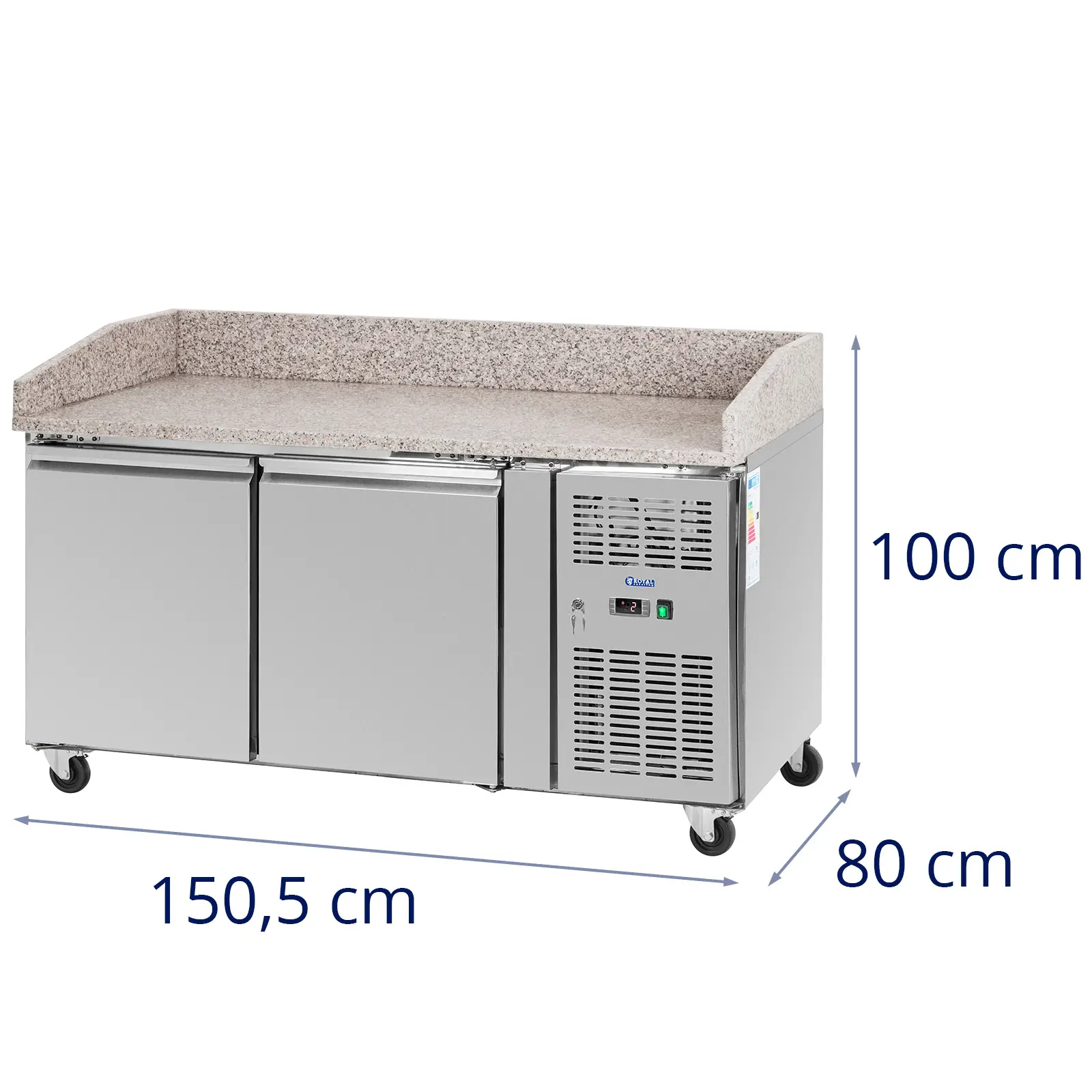 Hűtőpult kerekekkel - 390 l - 2 rekesz - 155 x 80 cm - B energiaosztály - rozsdamentes acél - Royal Catering