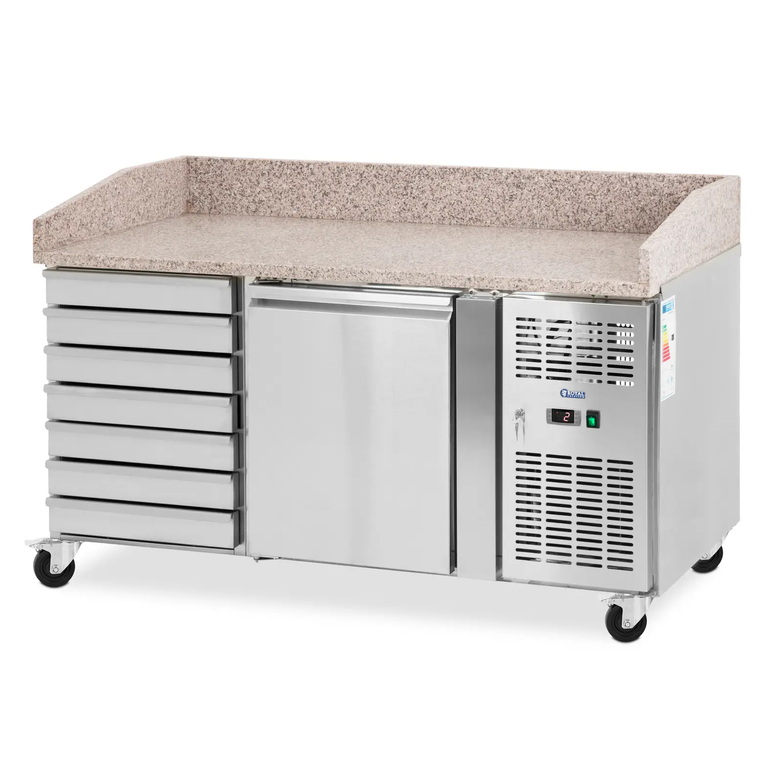 Hűtőasztal kerekekkel - 165 l - 1 rekesz - 7 fiók - 151 x 80 cm - B energiaosztály - rozsdamentes acél - Royal Catering