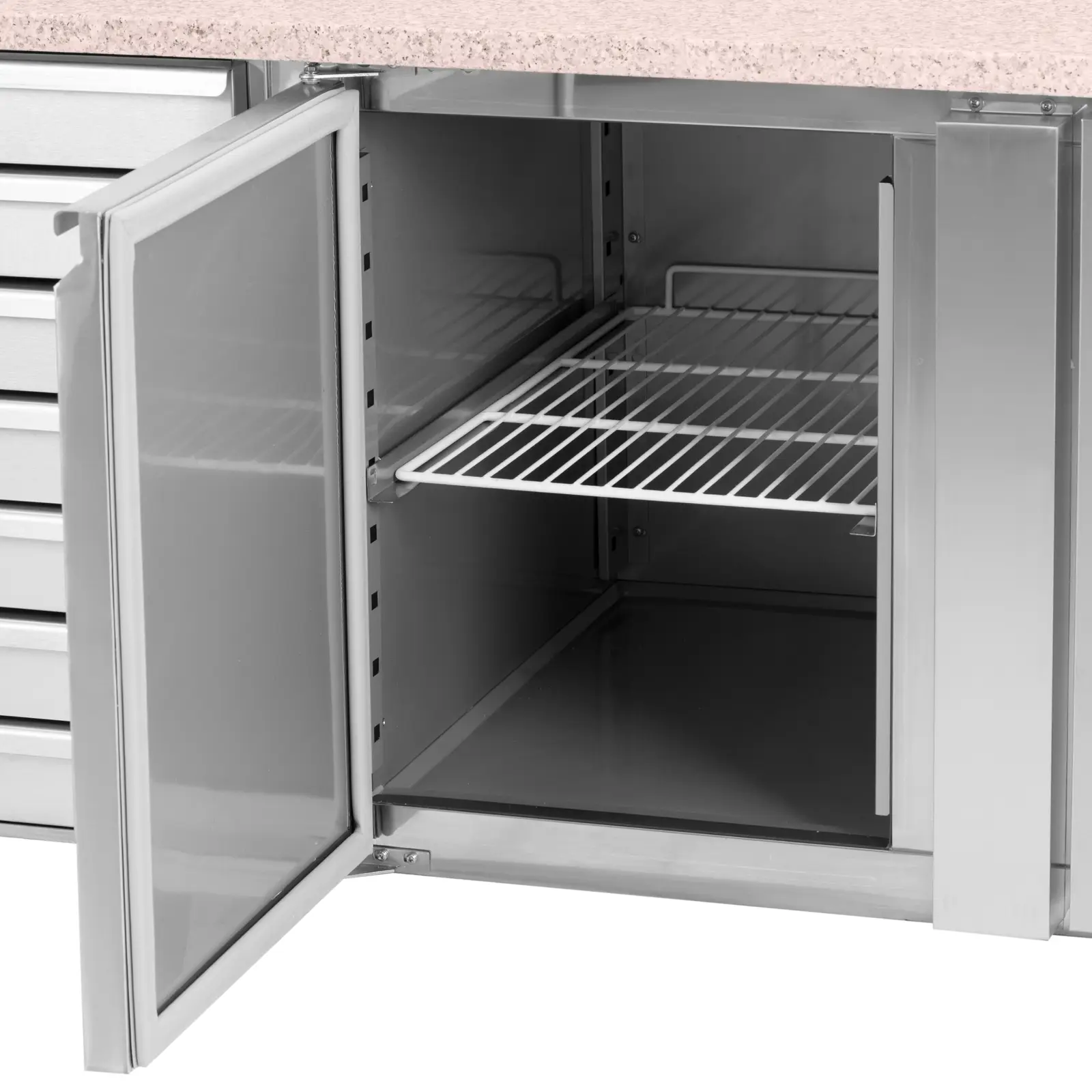 Hűtőasztal kerekekkel - 165 l - 1 rekesz - 7 fiók - 151 x 80 cm - B energiaosztály - rozsdamentes acél - Royal Catering (Termosztát: Igen)