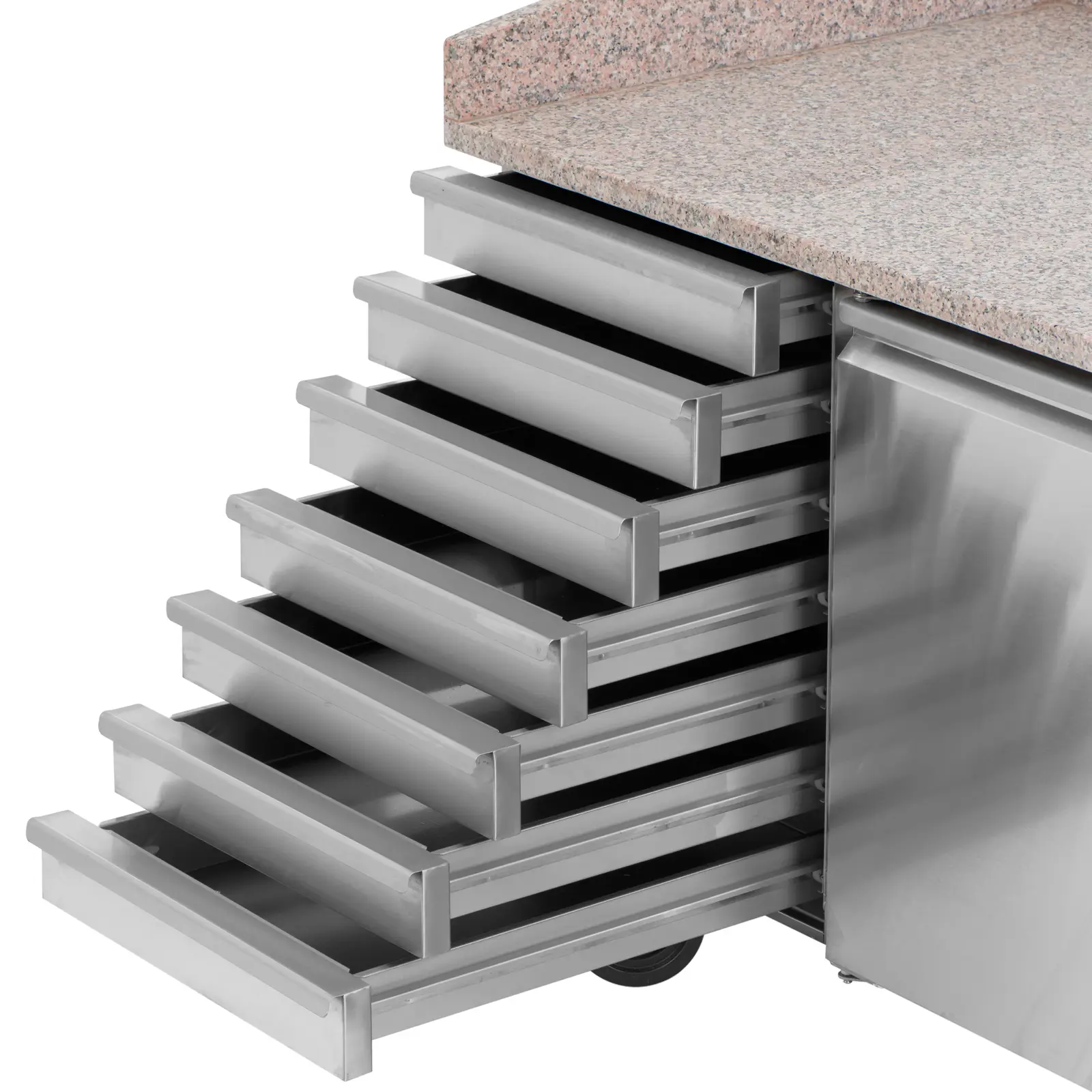 Hűtőasztal kerekekkel - 165 l - 1 rekesz - 7 fiók - 151 x 80 cm - B energiaosztály - rozsdamentes acél - Royal Catering (Hűtőasztal teljesítménye: 200 W)