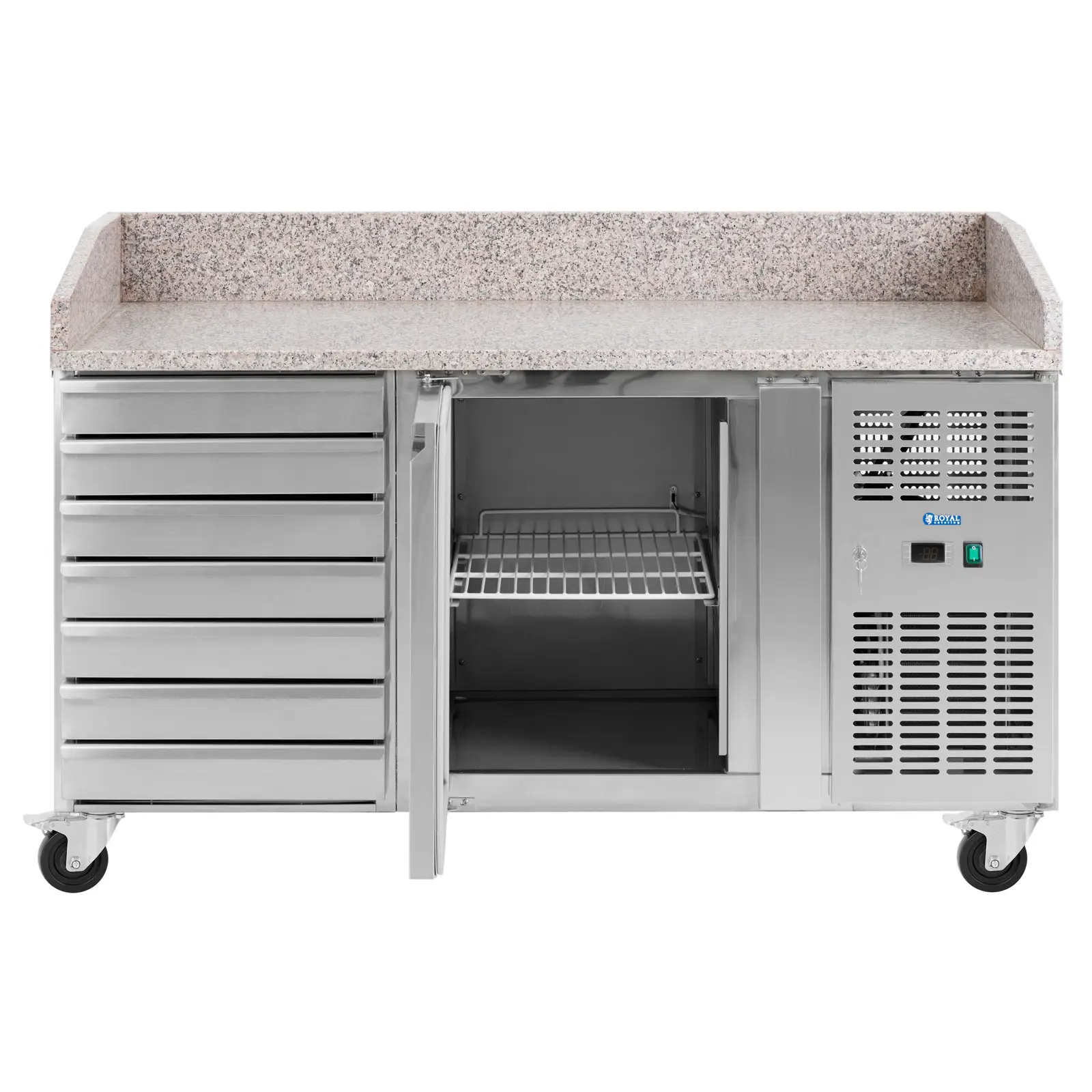 Hűtőasztal kerekekkel - 165 l - 1 rekesz - 7 fiók - 151 x 80 cm - B energiaosztály - rozsdamentes acél - Royal Catering (Asztal kapacitása: 165 l)