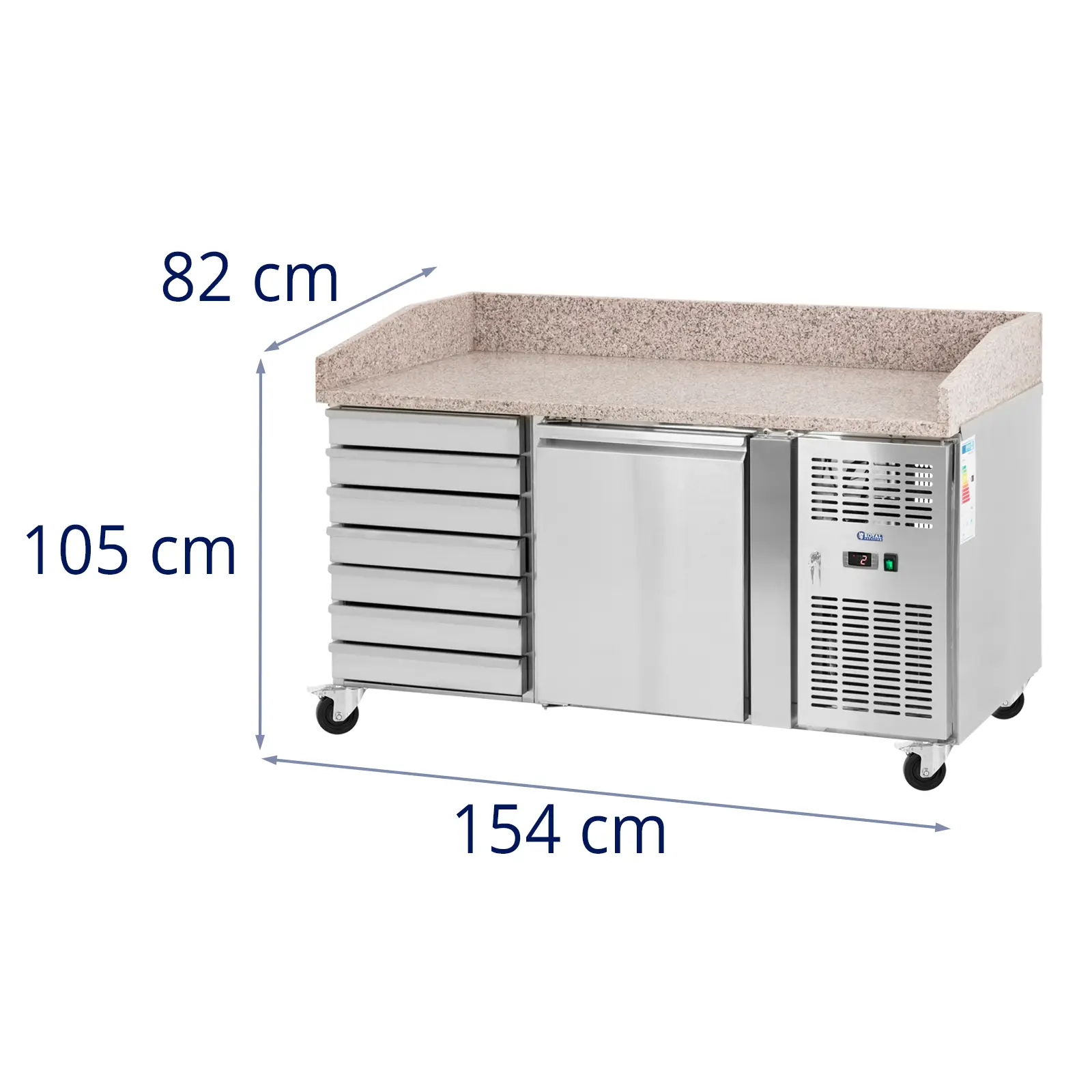 Hűtőasztal kerekekkel - 165 l - 1 rekesz - 7 fiók - 151 x 80 cm - B energiaosztály - rozsdamentes acél - Royal Catering (Automatikus kiolvasztás: Igen)