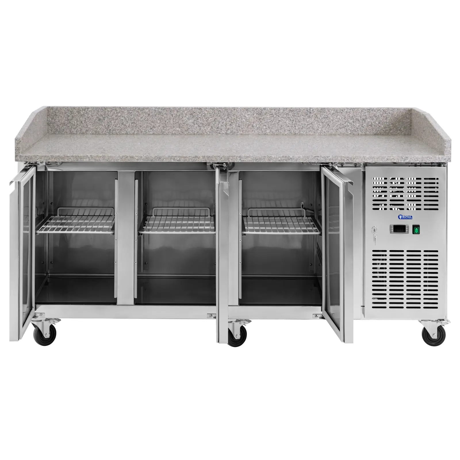 Kølebord med hjul - 560 l - 3 køleskabe - 202 x 80 cm - rustfrit stål - Royal Catering