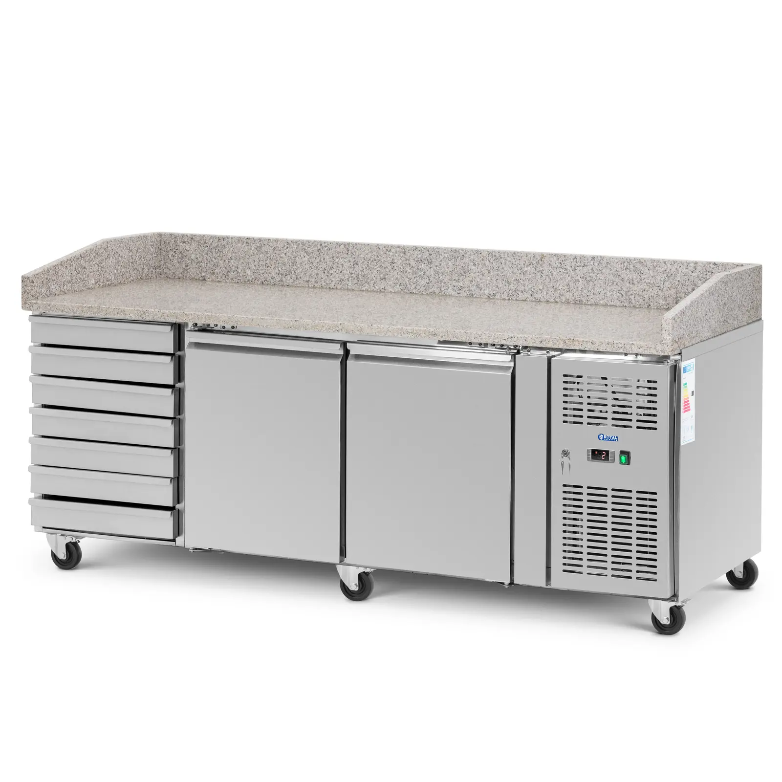 Hűtőpult kerekekkel - 390 l - 2 rekesz - 7 fiók - 202 x 80 cm - B energiaosztály - rozsdamentes acél - Royal Catering