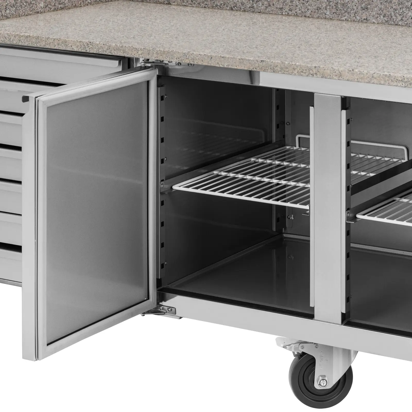 Frigider Saladette mobil - 390 l - 2 compartimente - 7 sertare - 202 x 80 cm - clasa B - oțel inoxidabil - Royal Catering (Termostat: Da)