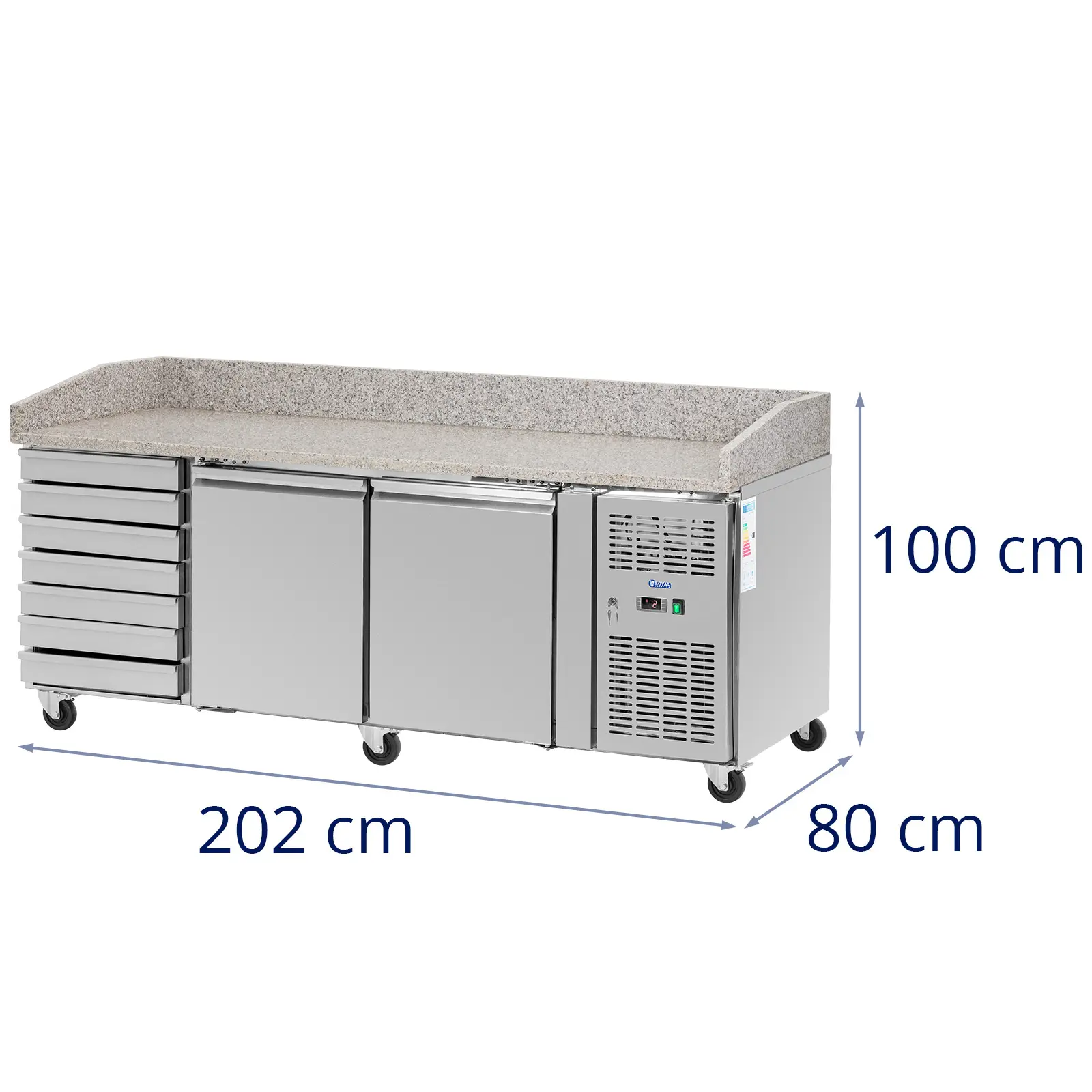 Hűtőpult kerekekkel - 390 l - 2 rekesz - 7 fiók - 202 x 80 cm - B energiaosztály - rozsdamentes acél - Royal Catering