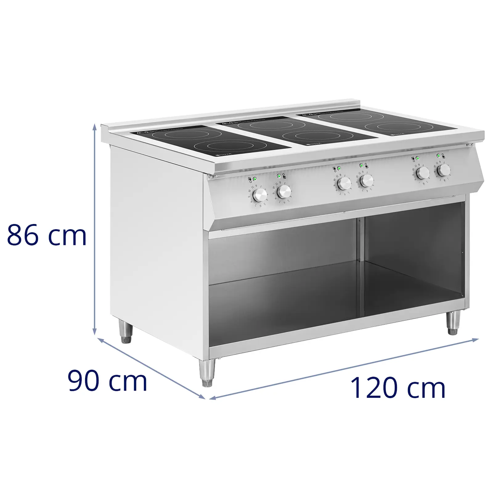 Induktionskomfur - 25,5 kW - 6 kogeplader - 260 °C - opbevaringsrum - rustfrit stål - Royal Catering