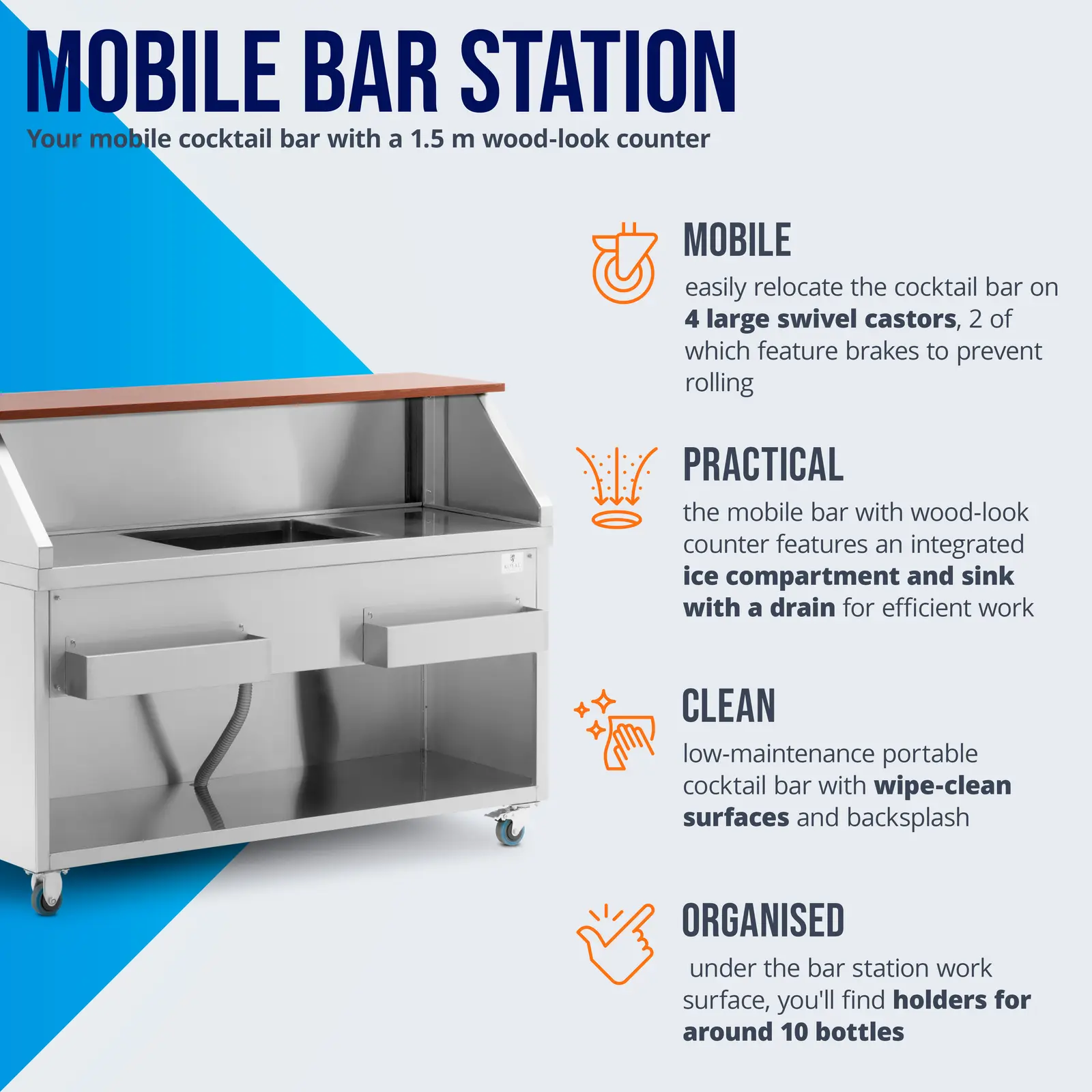 Banco per cocktail mobile - Con contenitore per ghiaccio e portabottiglie - Bancone da 150 cm effetto legno - Royal Catering