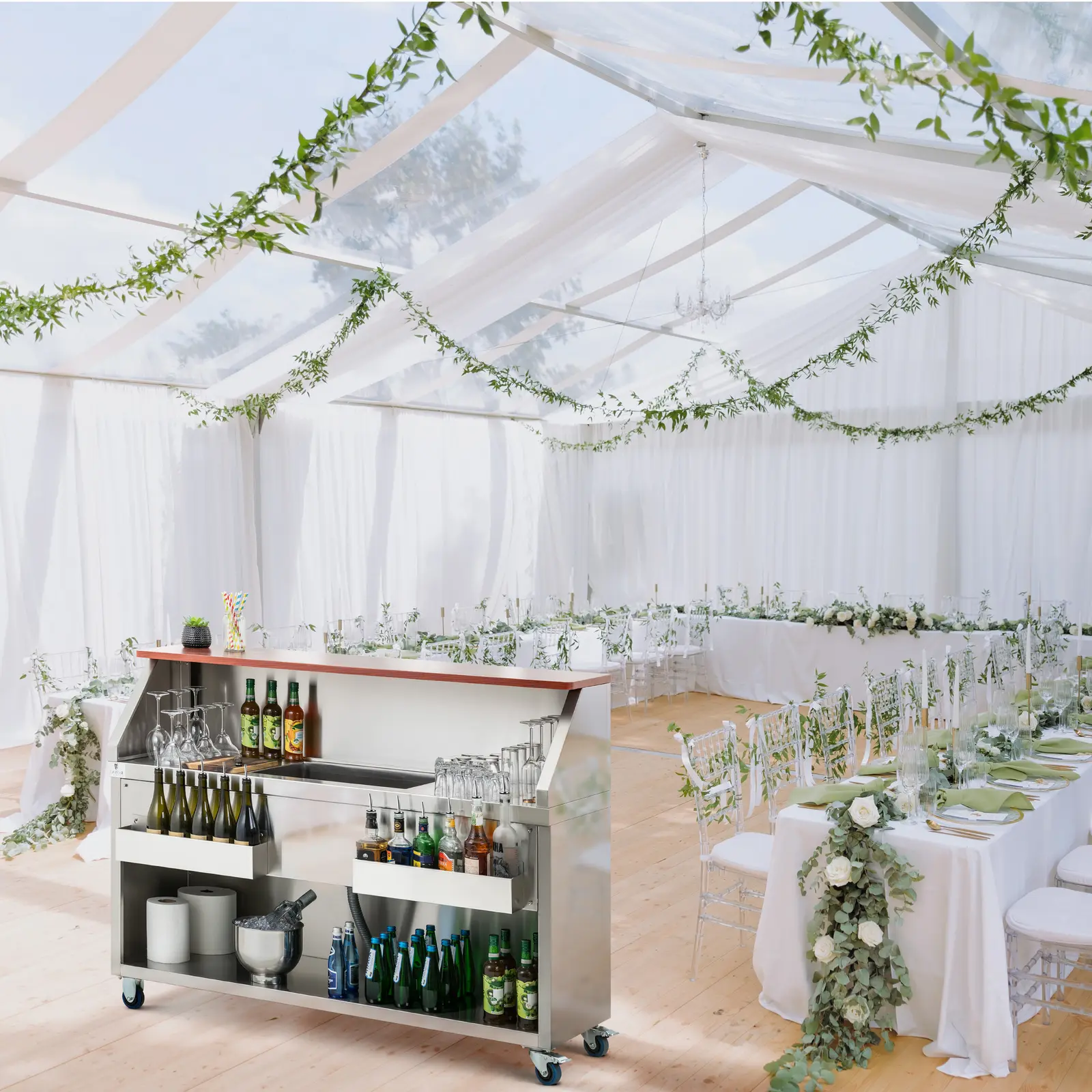 Estación de coctelería móvil - con cubitera y soporte para botellas - mostrador de 150 cm con aspecto de madera - Royal Catering