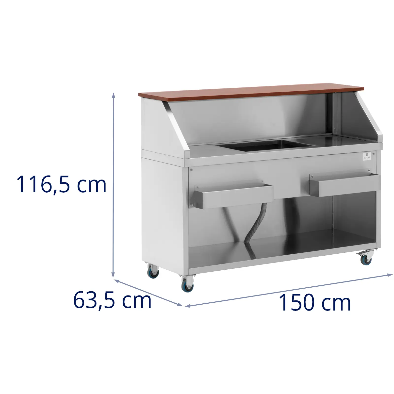 Stație de bar mobilă - cu recipient pentru gheață și suport pentru sticle - tejghea de 150 cm cu aspect de lemn - Royal Catering