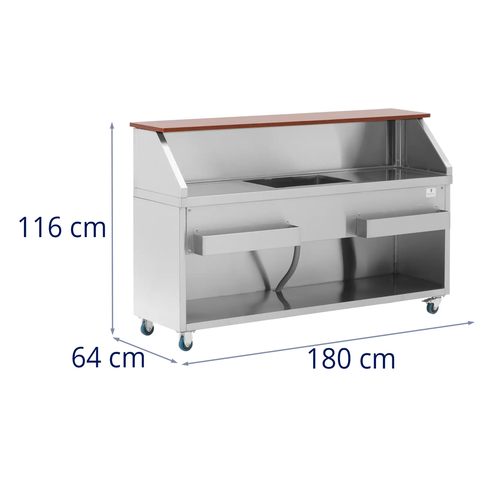 Estação de cocktails móvel - compartimento para gelo e suporte para garrafas - balcão com aspeto de madeira 180 cm - Royal Catering